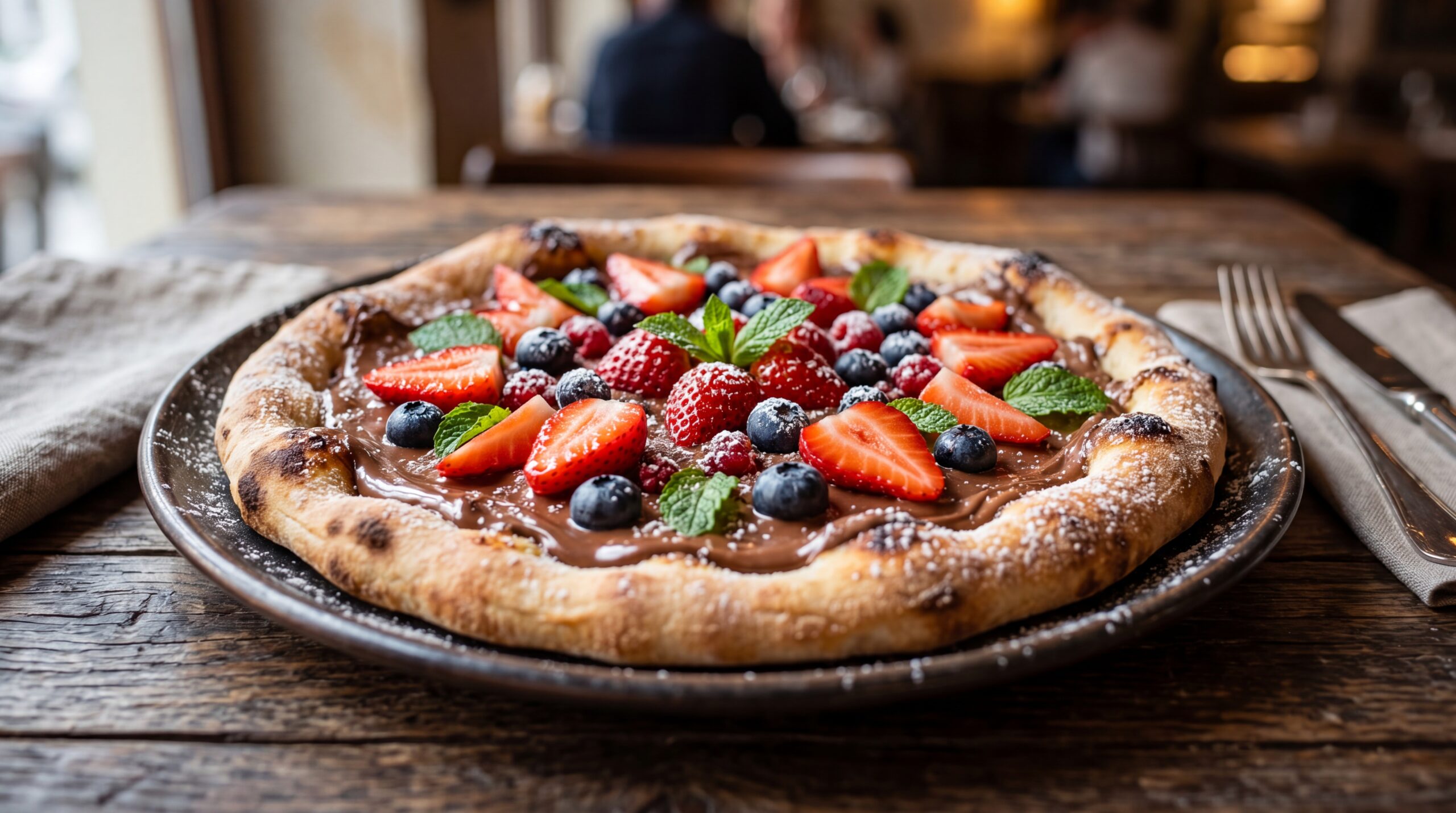 Nutella dessert pizza with strawberries and blueberries