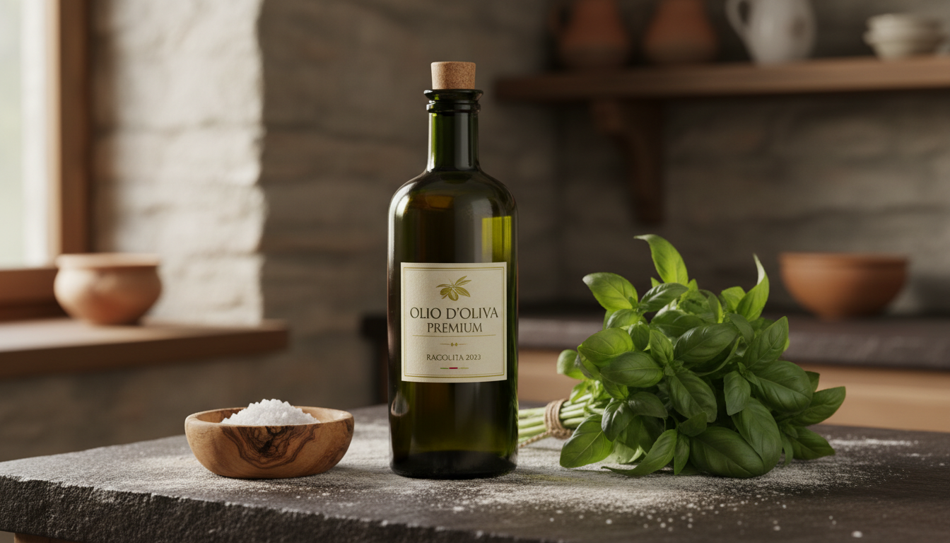 A variety of olive oil bottles next to a fresh Margherita pizza