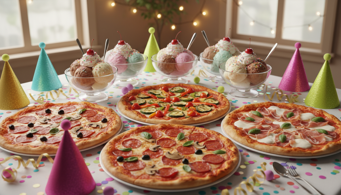 A festive pizza and ice cream birthday party table.