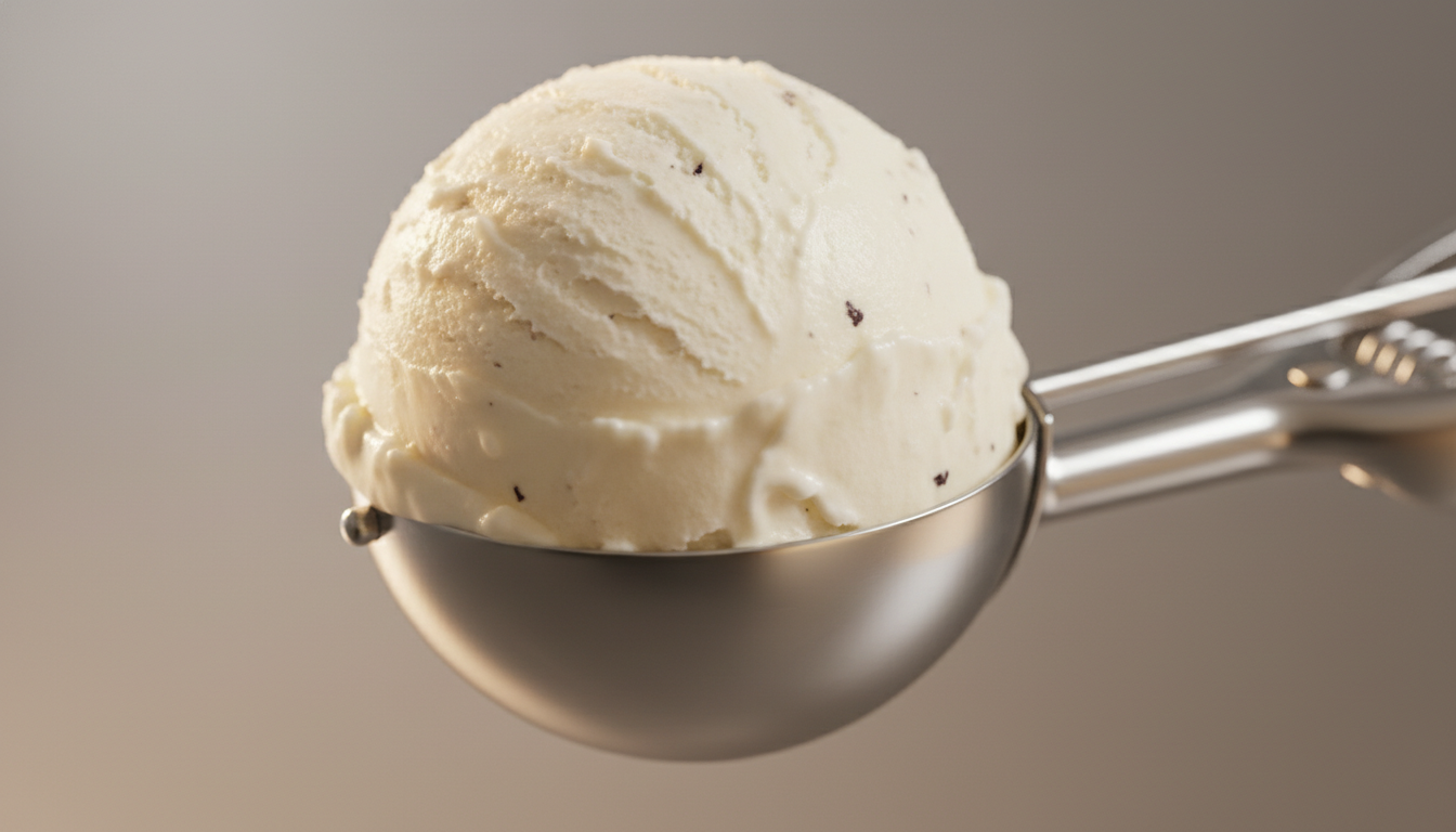 A hyper-realistic close-up of a perfect vanilla ice cream scoop.
