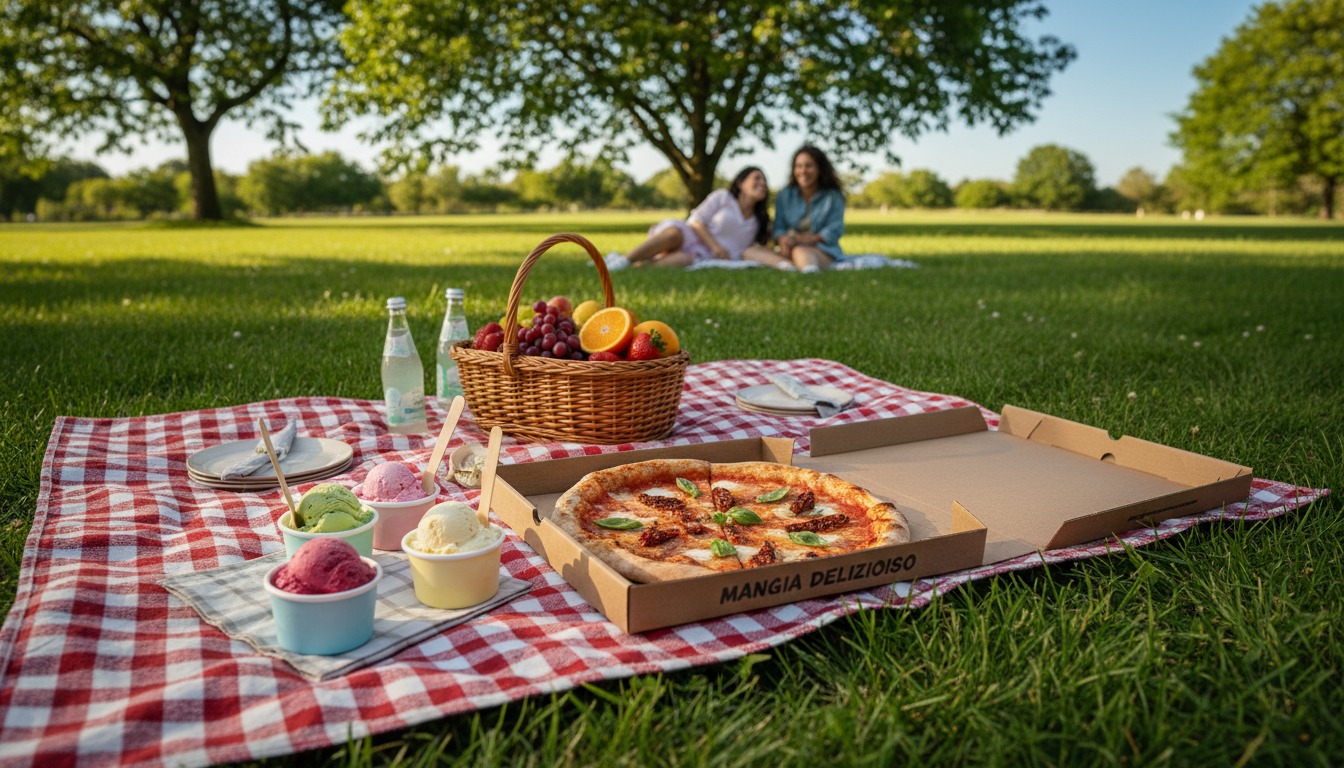 Outdoor pizza picnic on a sunny day