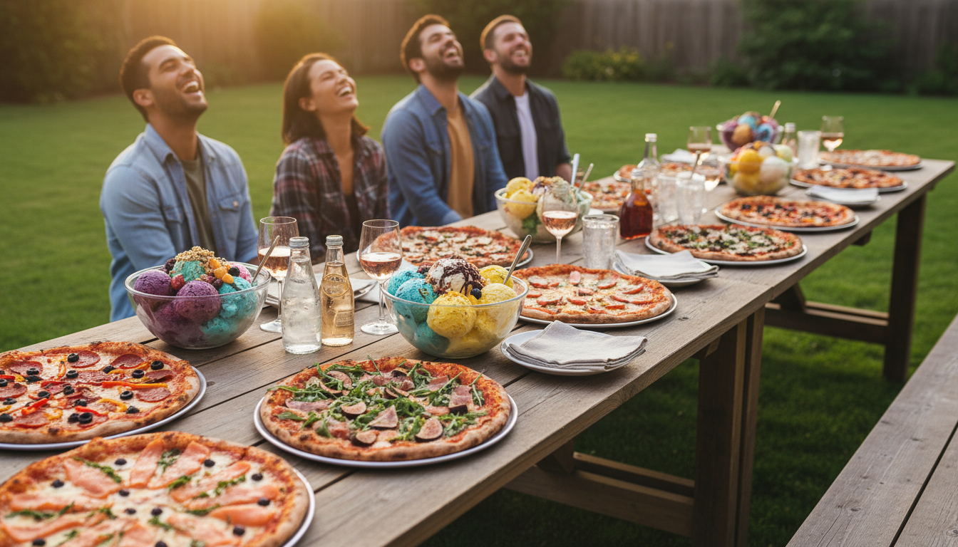 A table spread with various pizzas and bowls of ice cream