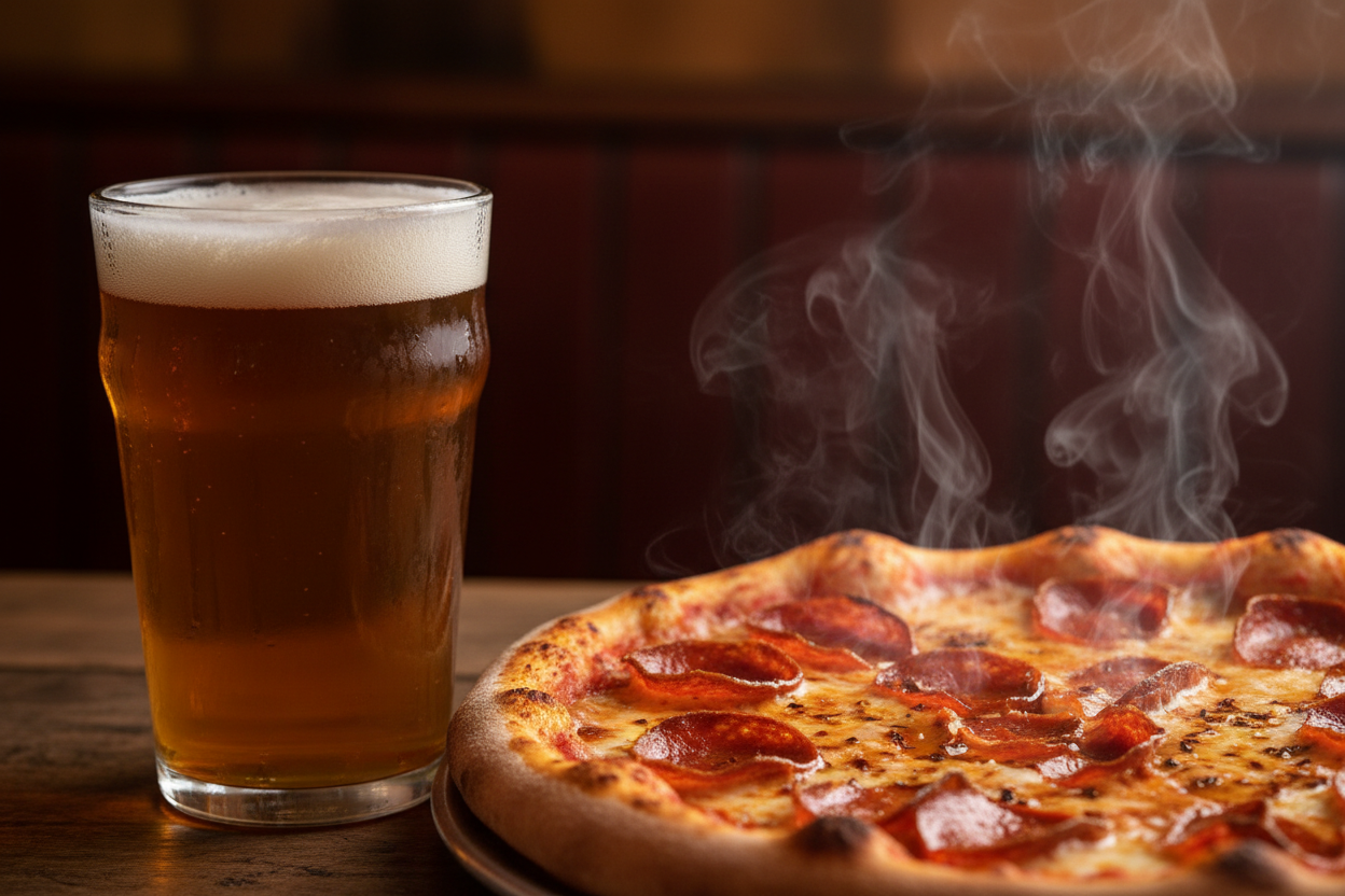 Pepperoni pizza and craft beer