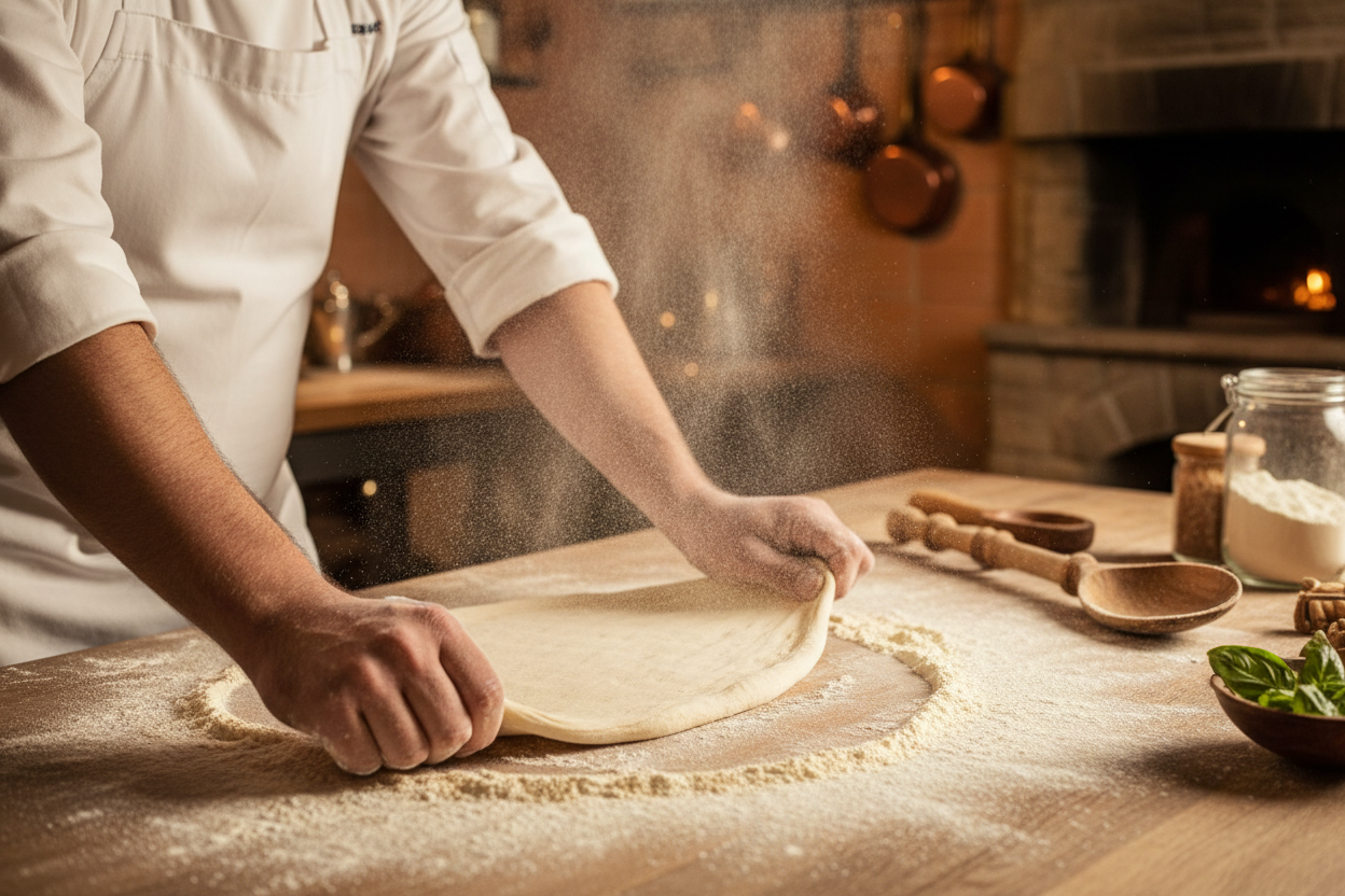 Professional chef hands stretching artisanal pizza dough