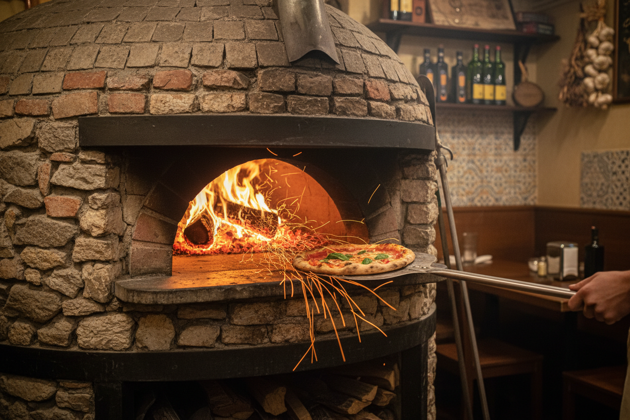 Pizza baking in a wood-fired stone oven