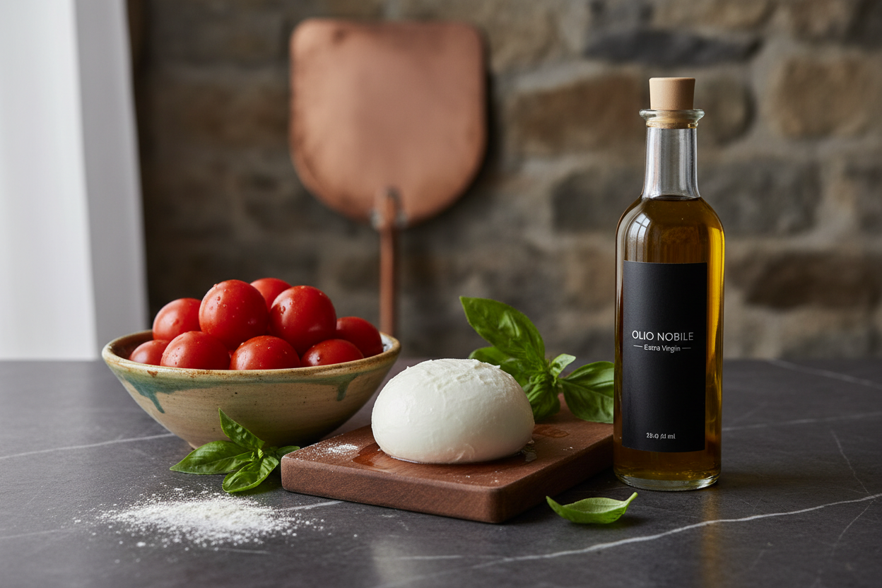 High quality pizza ingredients: San Marzano tomatoes and buffalo mozzarella