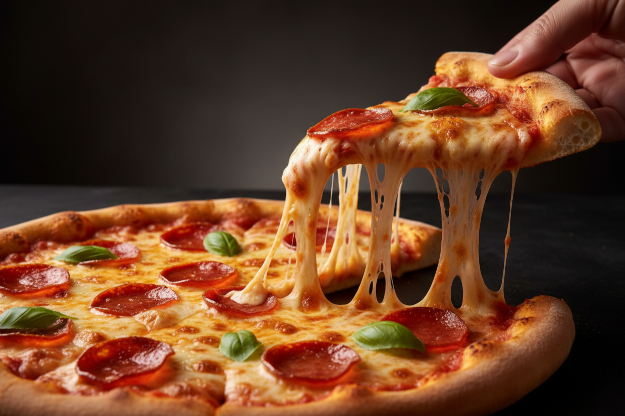 A slice of pizza being pulled away showing a dramatic melted mozzarella cheese stretch