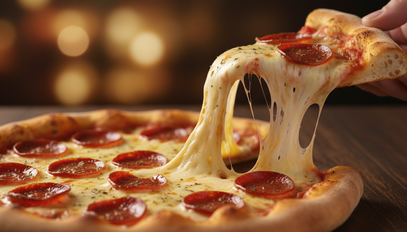 A dramatic cheese pull as a pizza slice is lifted from the whole pizza