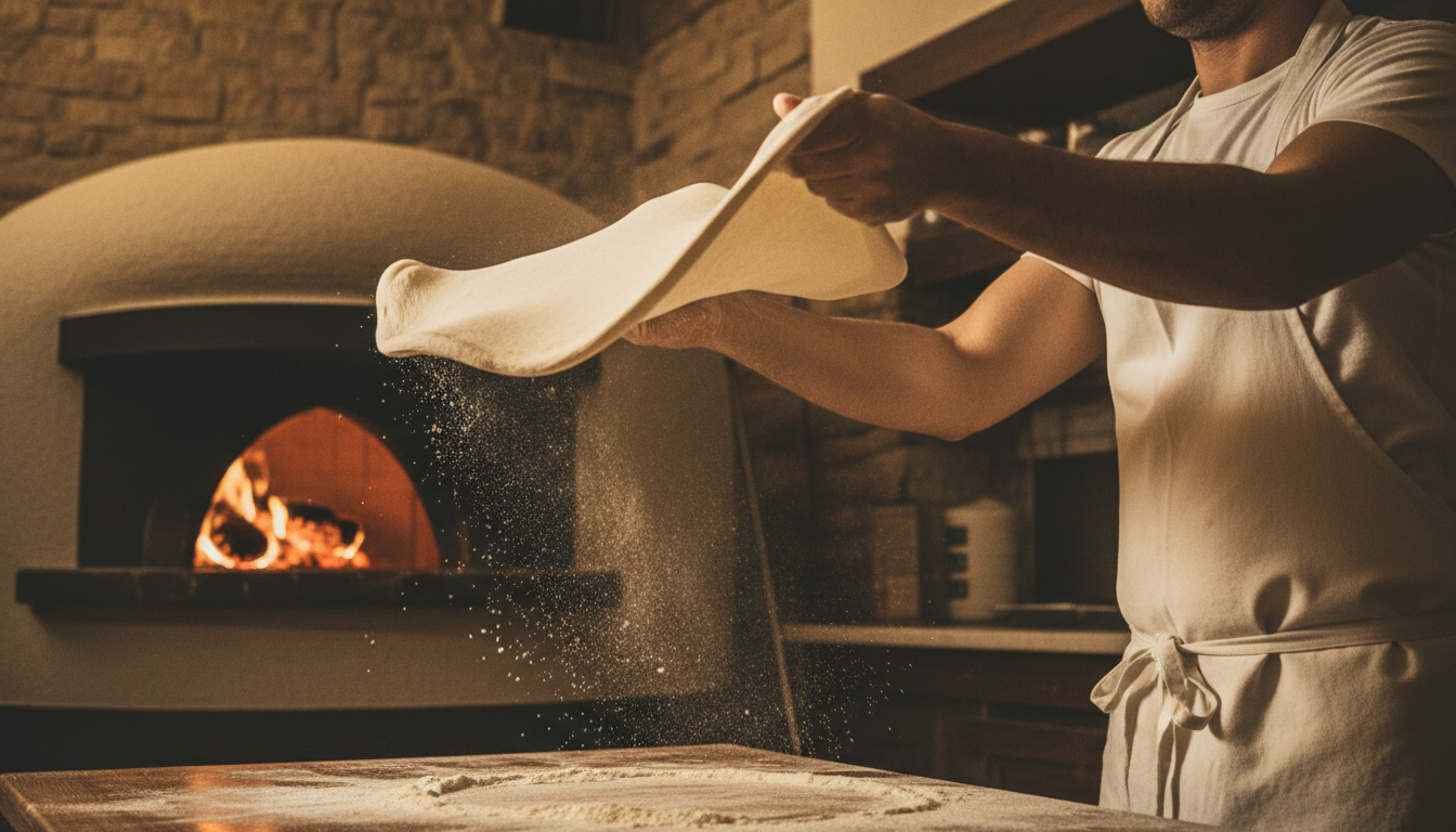 Pizza chef hand-stretching dough in a traditional Italian pizzeria