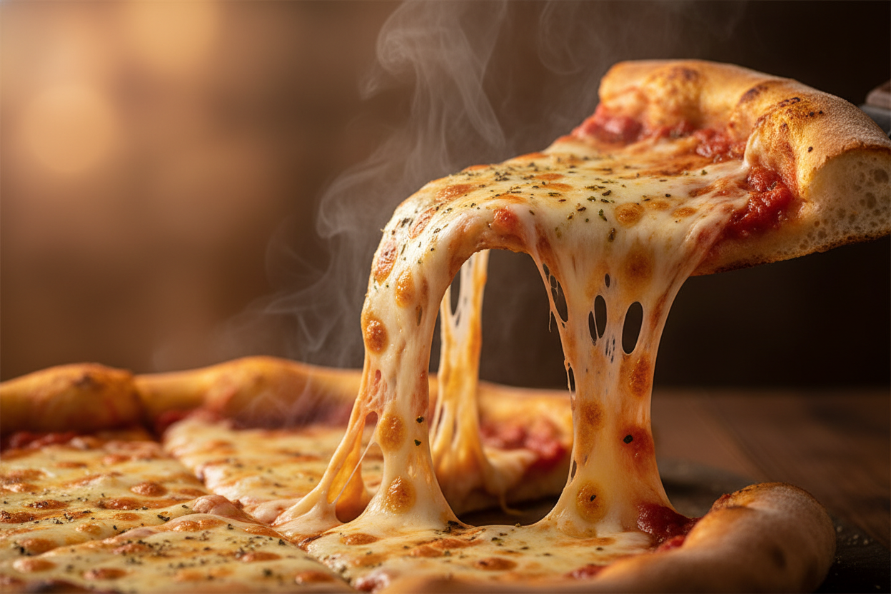 Close up of cheesy pizza slice pull