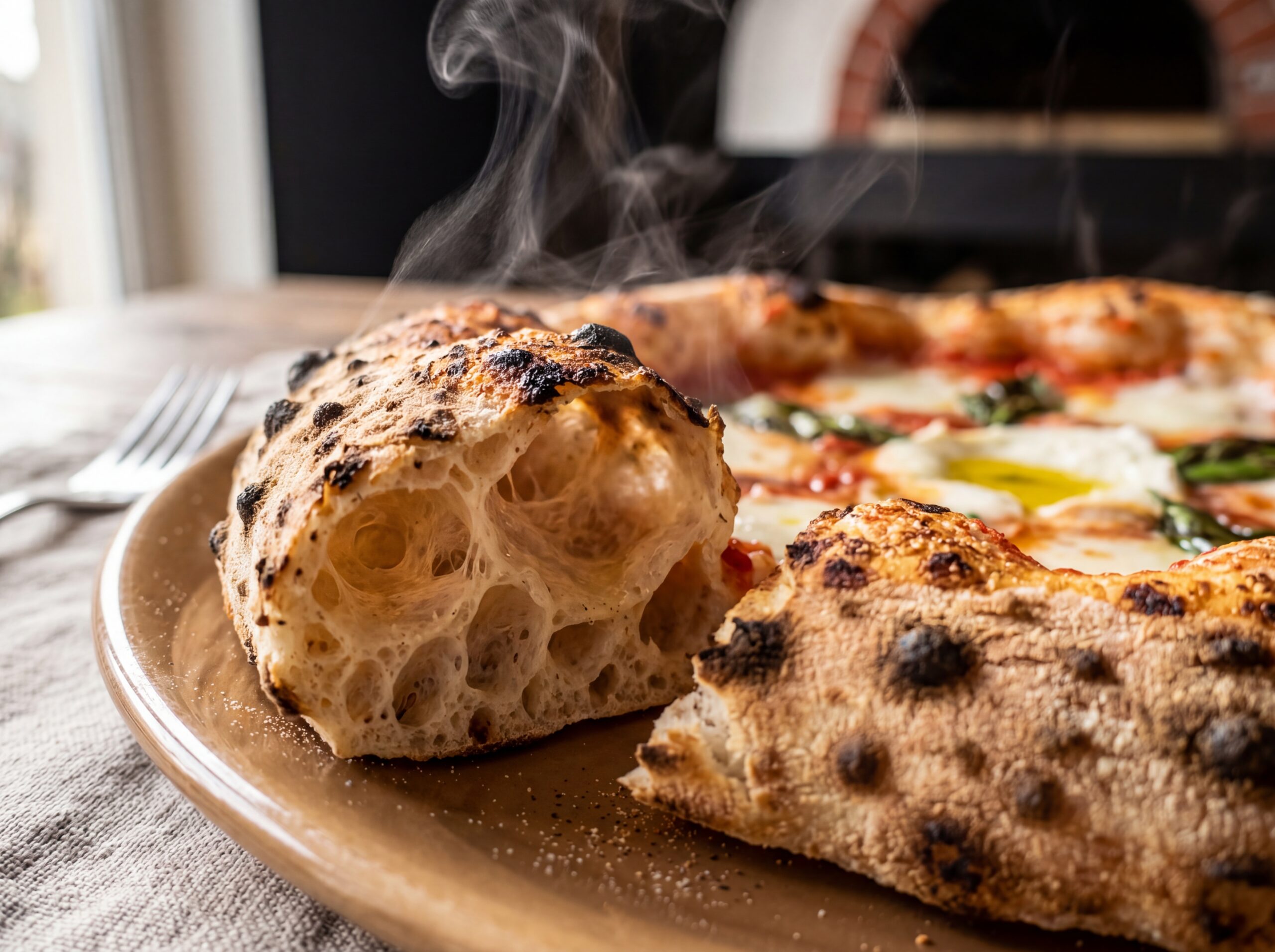 Macro close-up of a perfectly baked Neapolitan pizza crust showing airy internal bubbles and leopard spots
