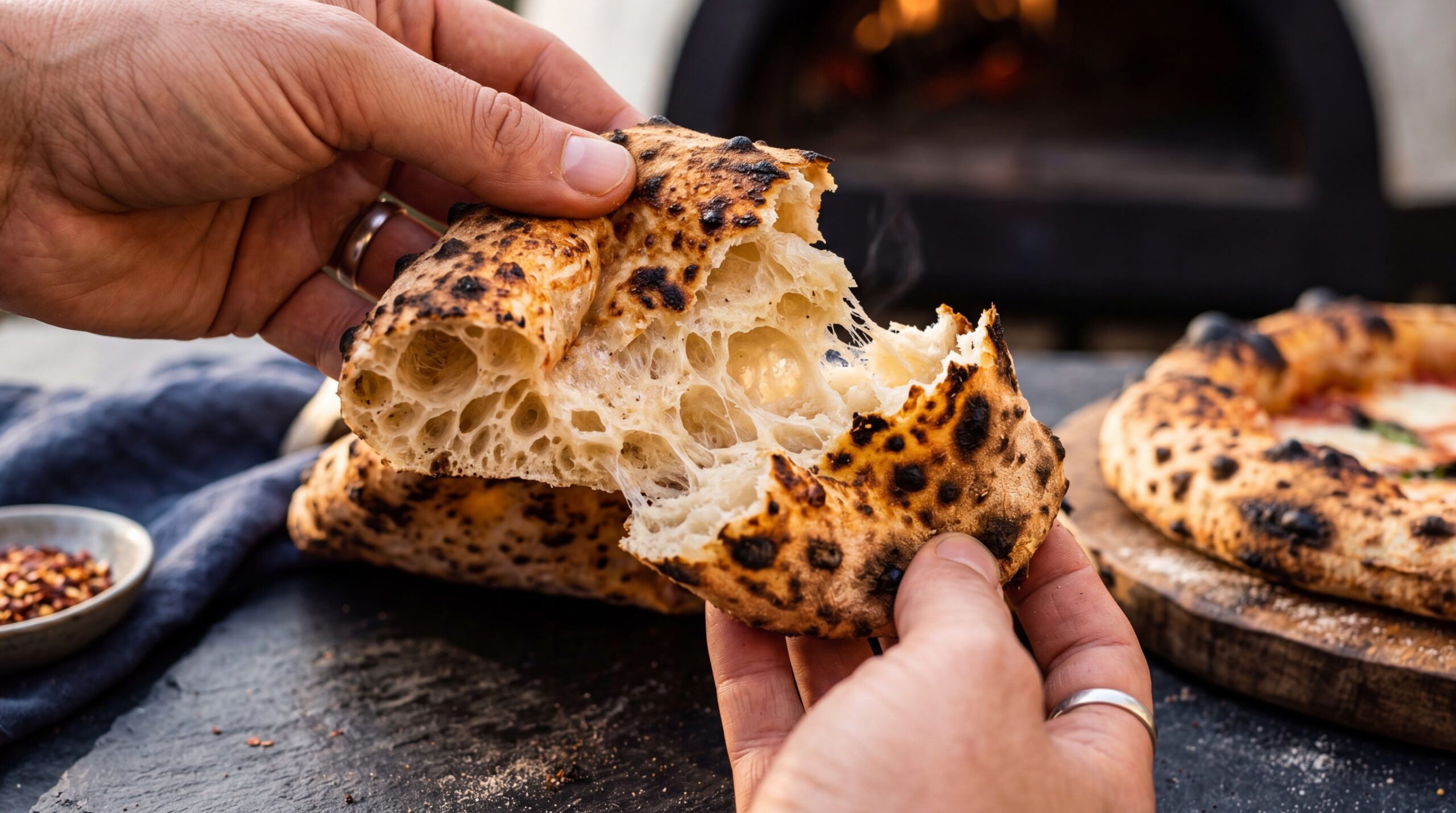 A close-up of a bubbling, airy pizza crust edge showing crumb structure.