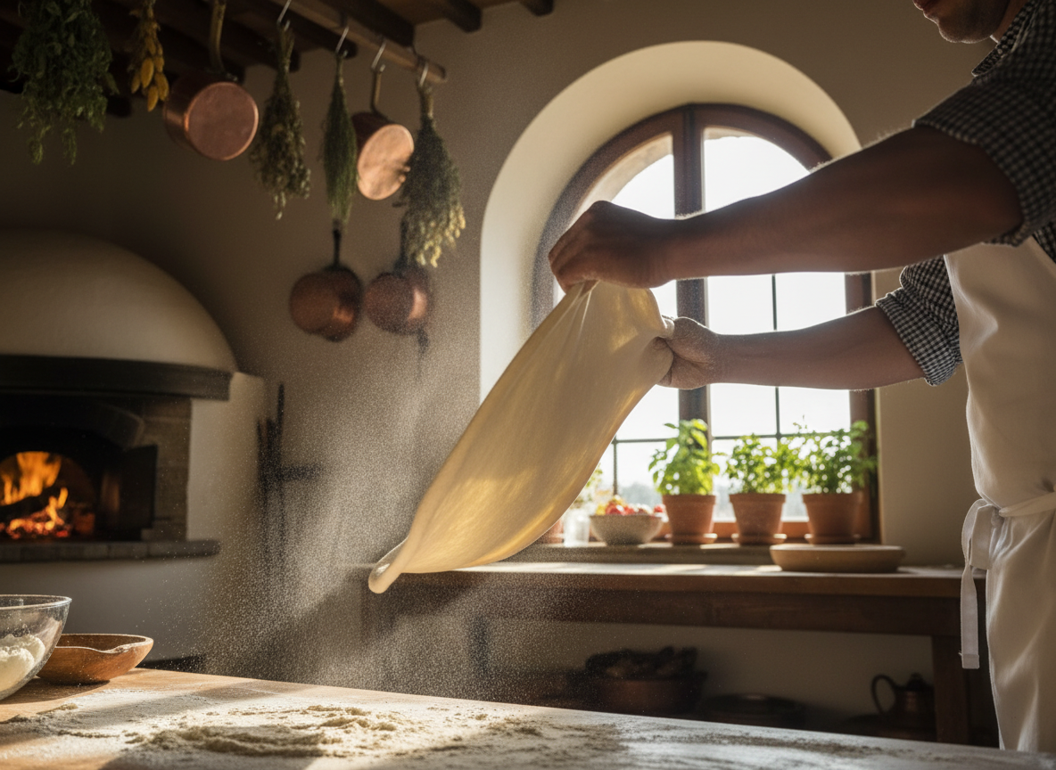 A classic Neapolitan Margherita pizza with fresh basil and buffalo mozzarella in a wood-fired oven