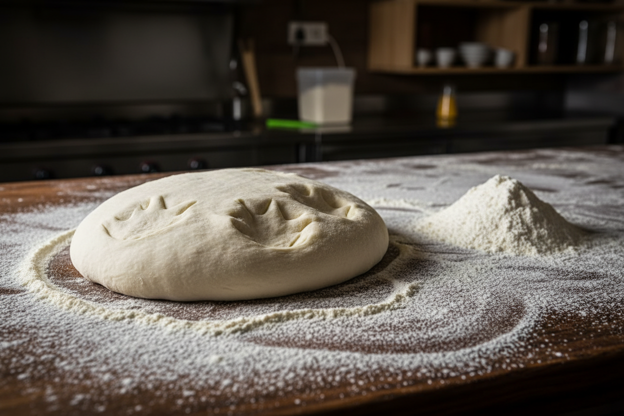 Fresh pizza dough ball on a floured surface.