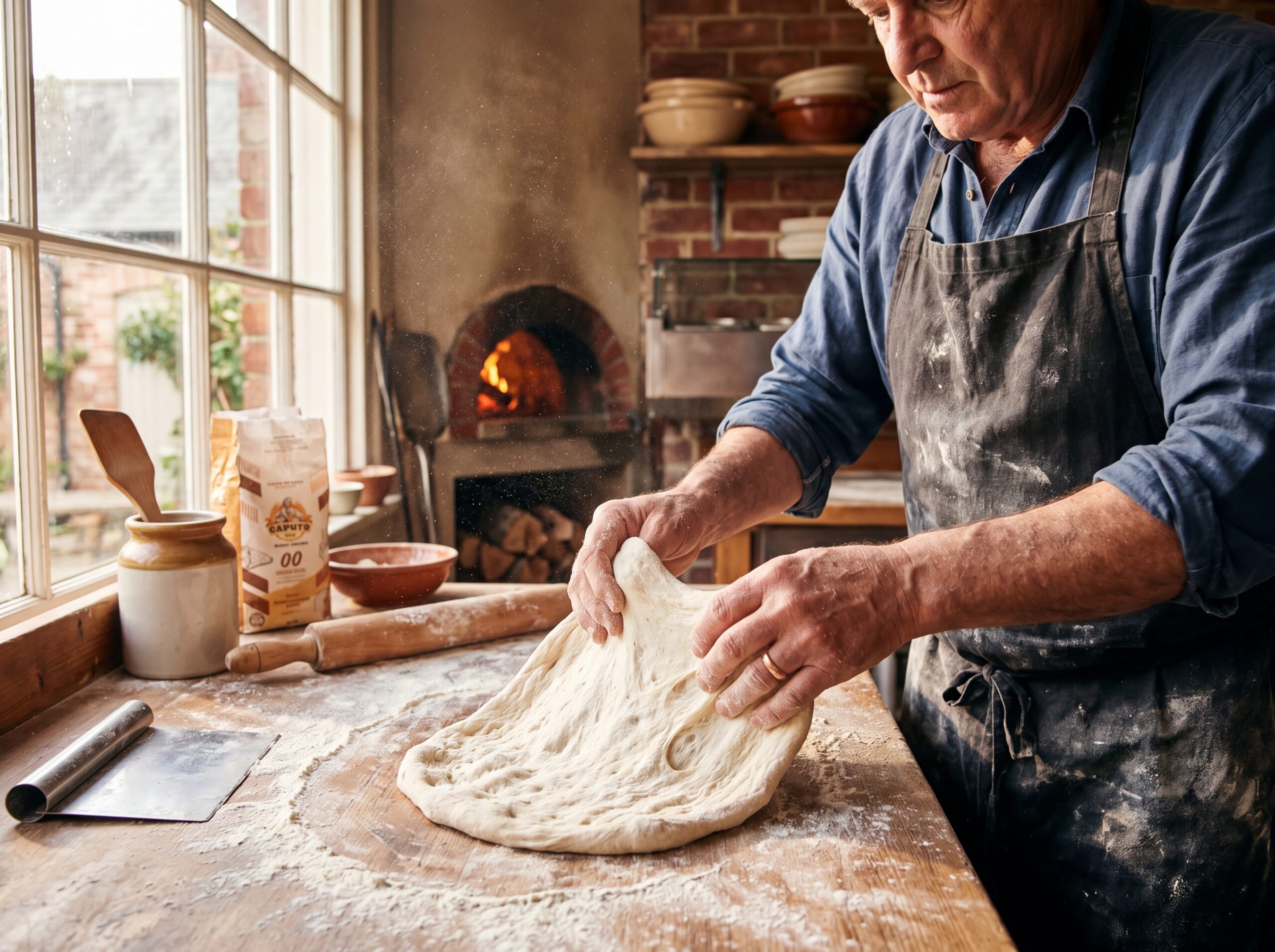 Artisan baker stretching pizza dough in a sunlit kitchen