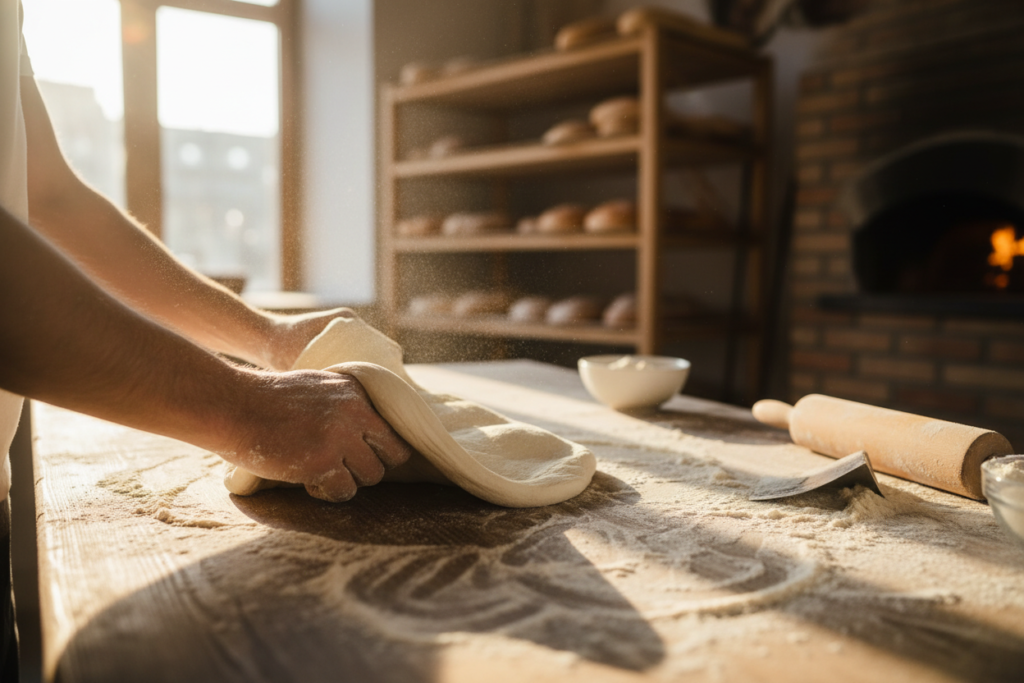 Baker's hands kneading fresh pizza dough on a floured wooden surface
