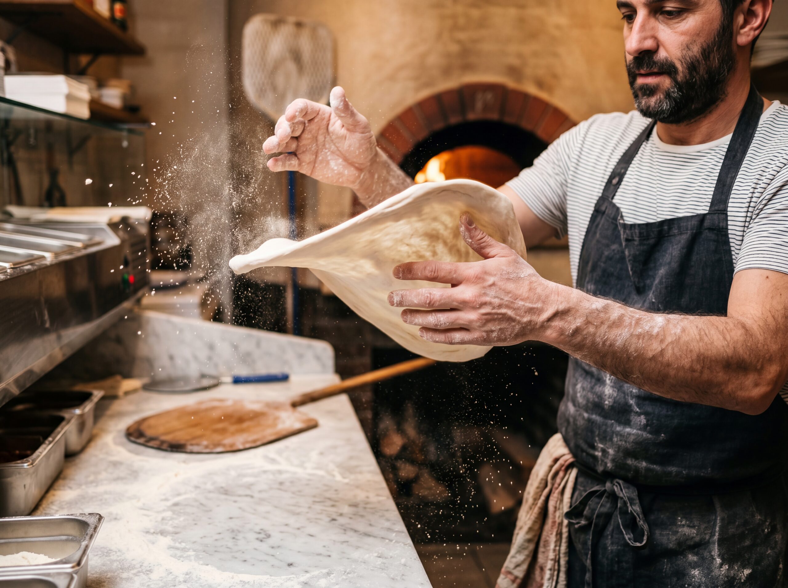 Hands stretching pizza dough professionally
