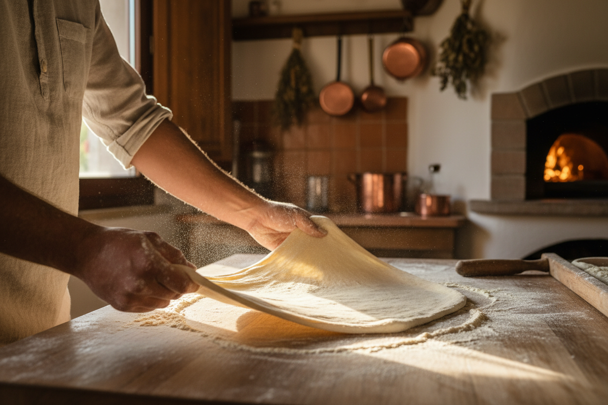 Artisan baker stretching fresh pizza dough by hand on a floured surface
