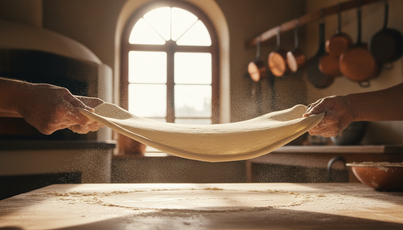 Baker's hands stretching fresh pizza dough on a floured wooden surface