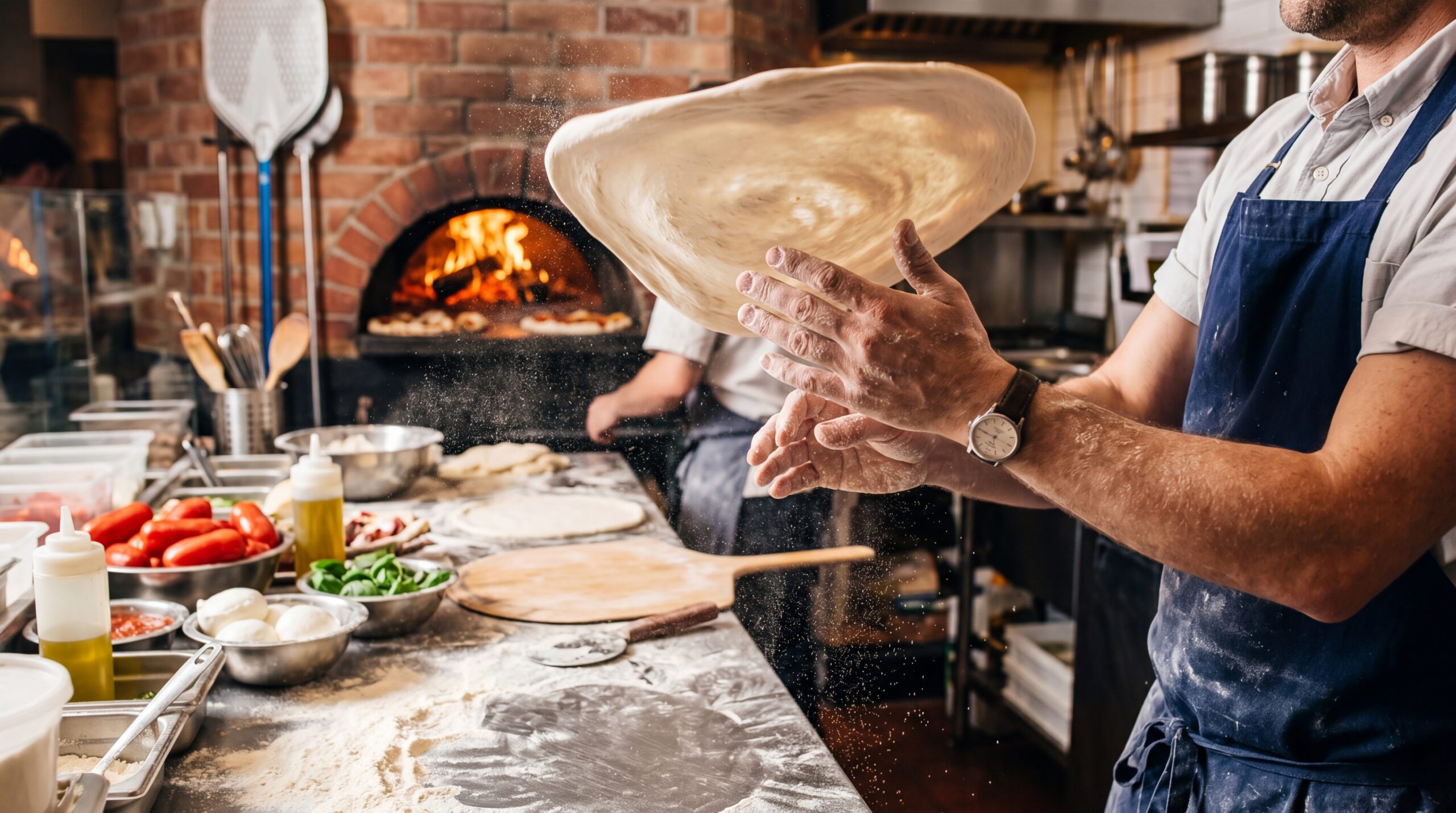 Chef stretching pizza dough by hand