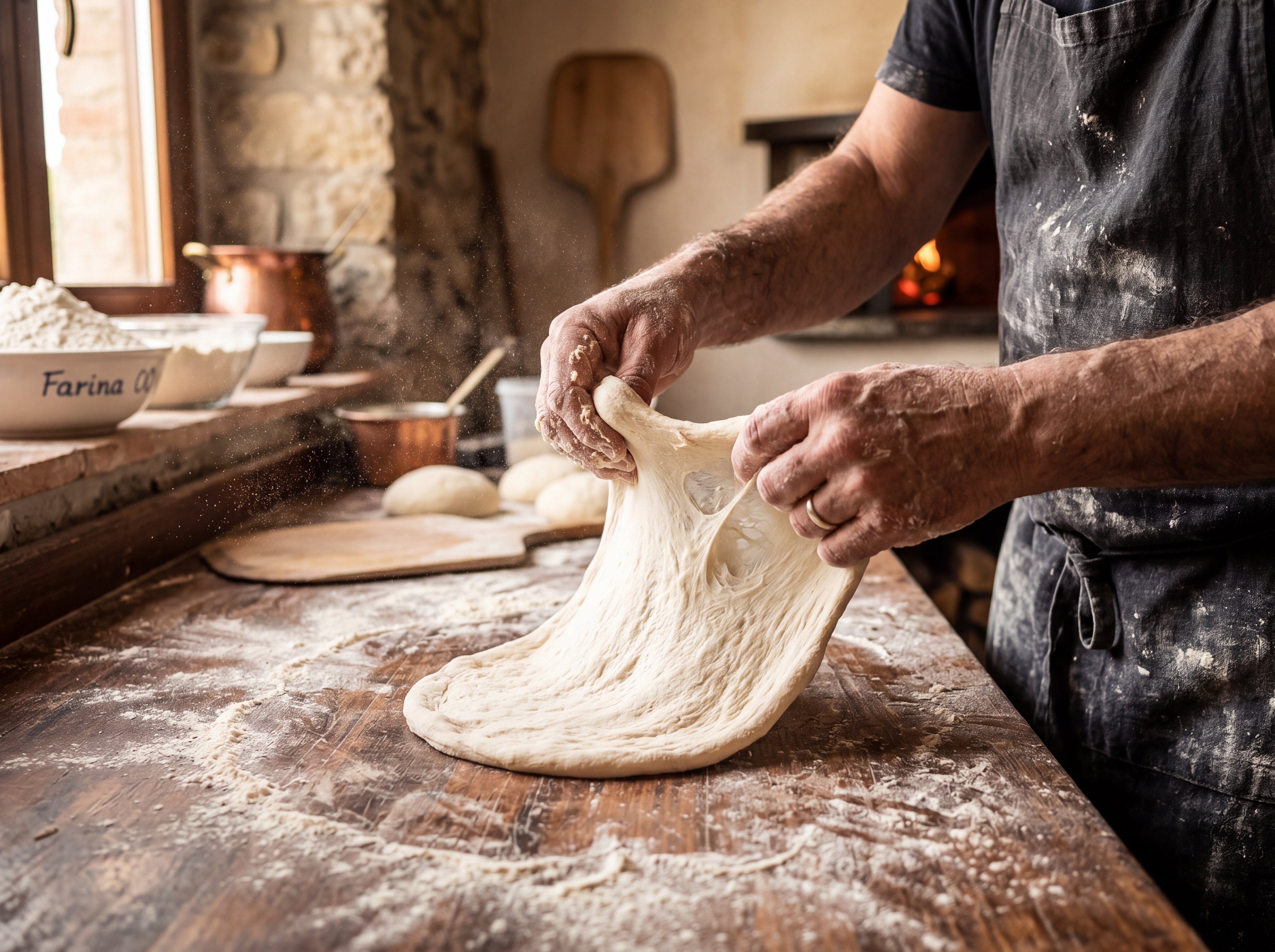 Baker stretching pizza dough