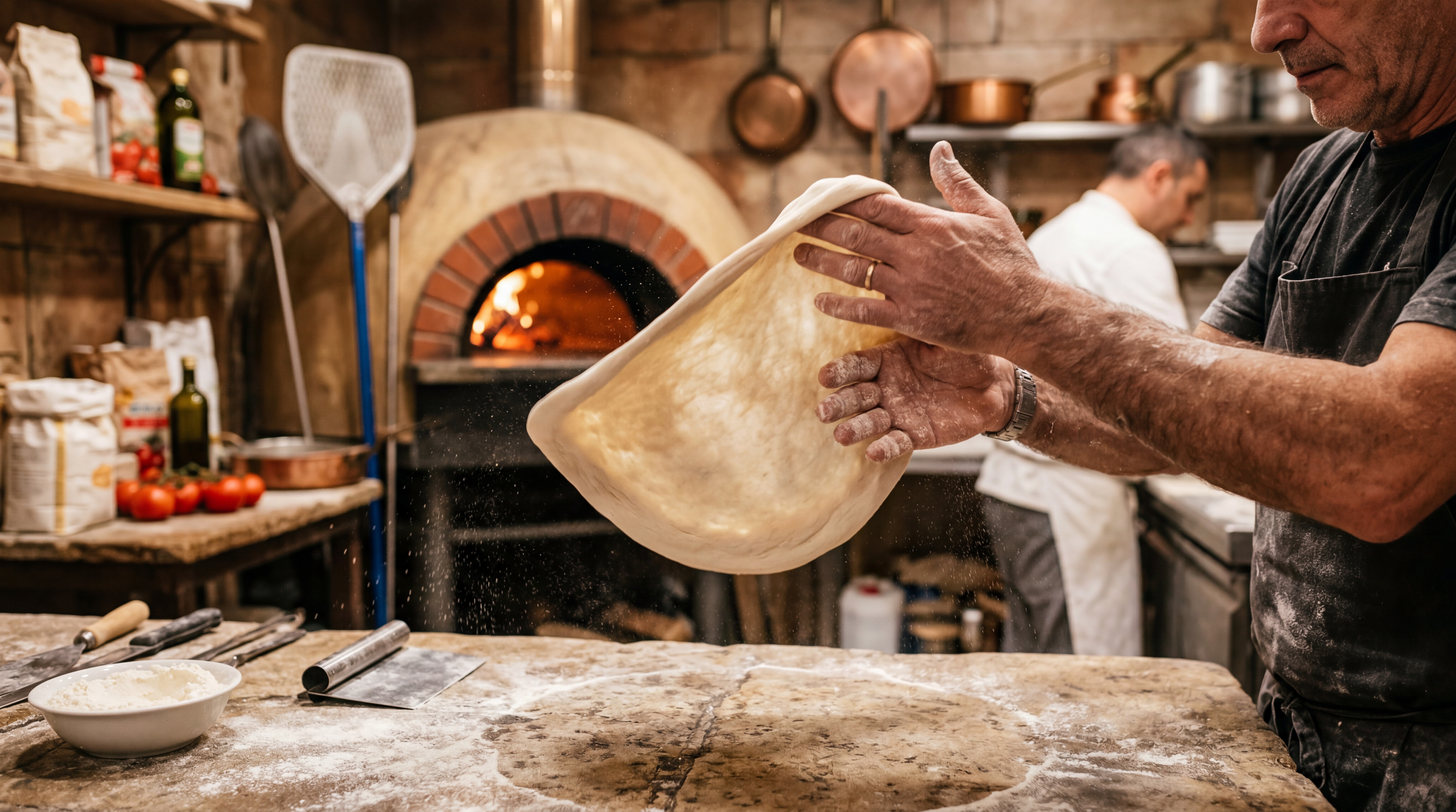 Pizza chef stretching dough by hand in a traditional Italian kitchen