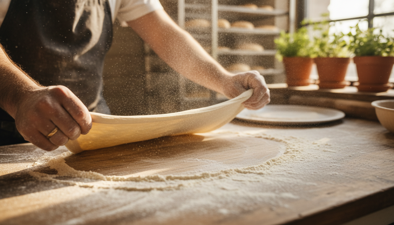 Baker's hands expertly stretching fresh pizza dough on a floured wooden surface