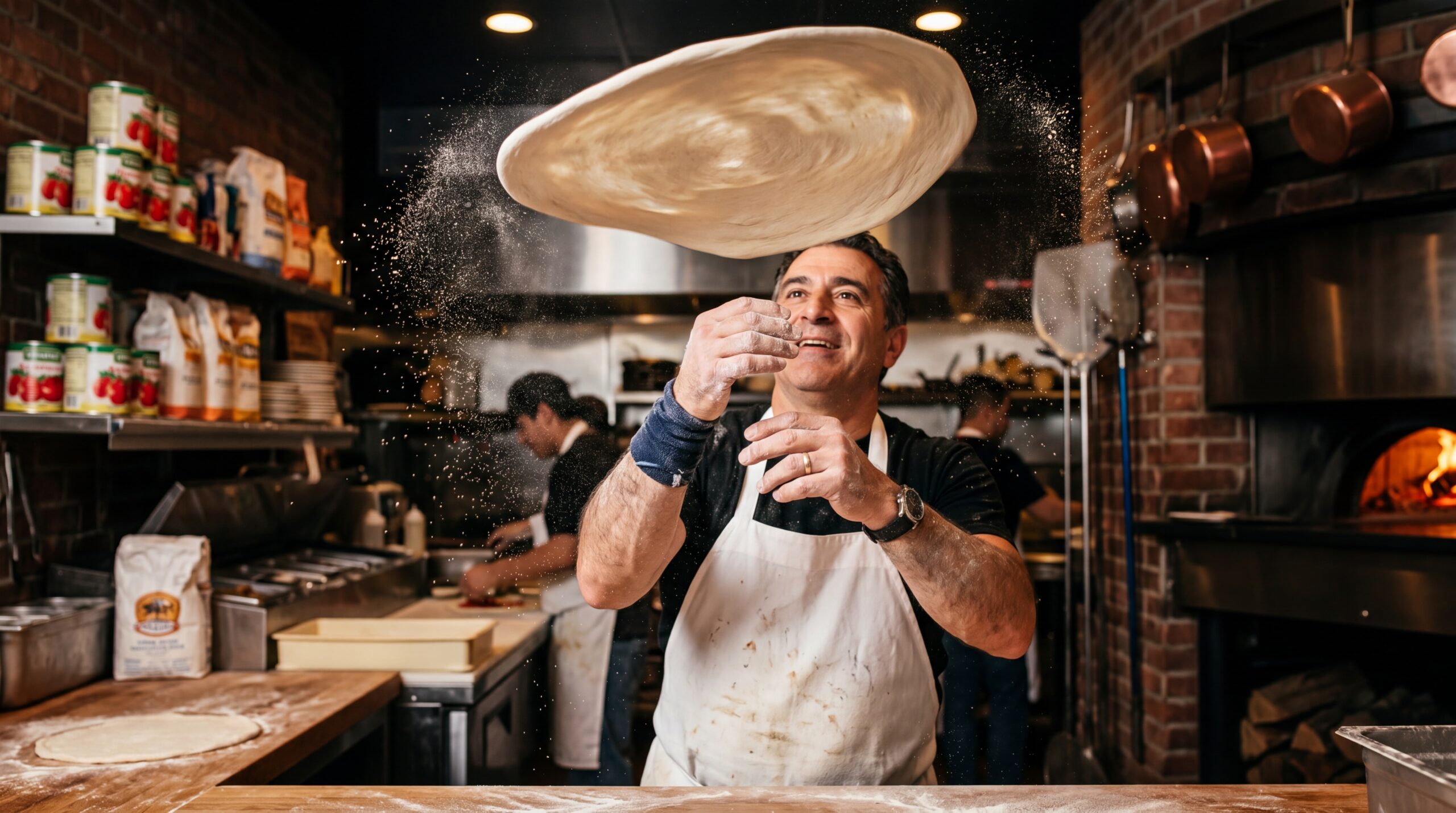 Pizza chef tossing dough in the air