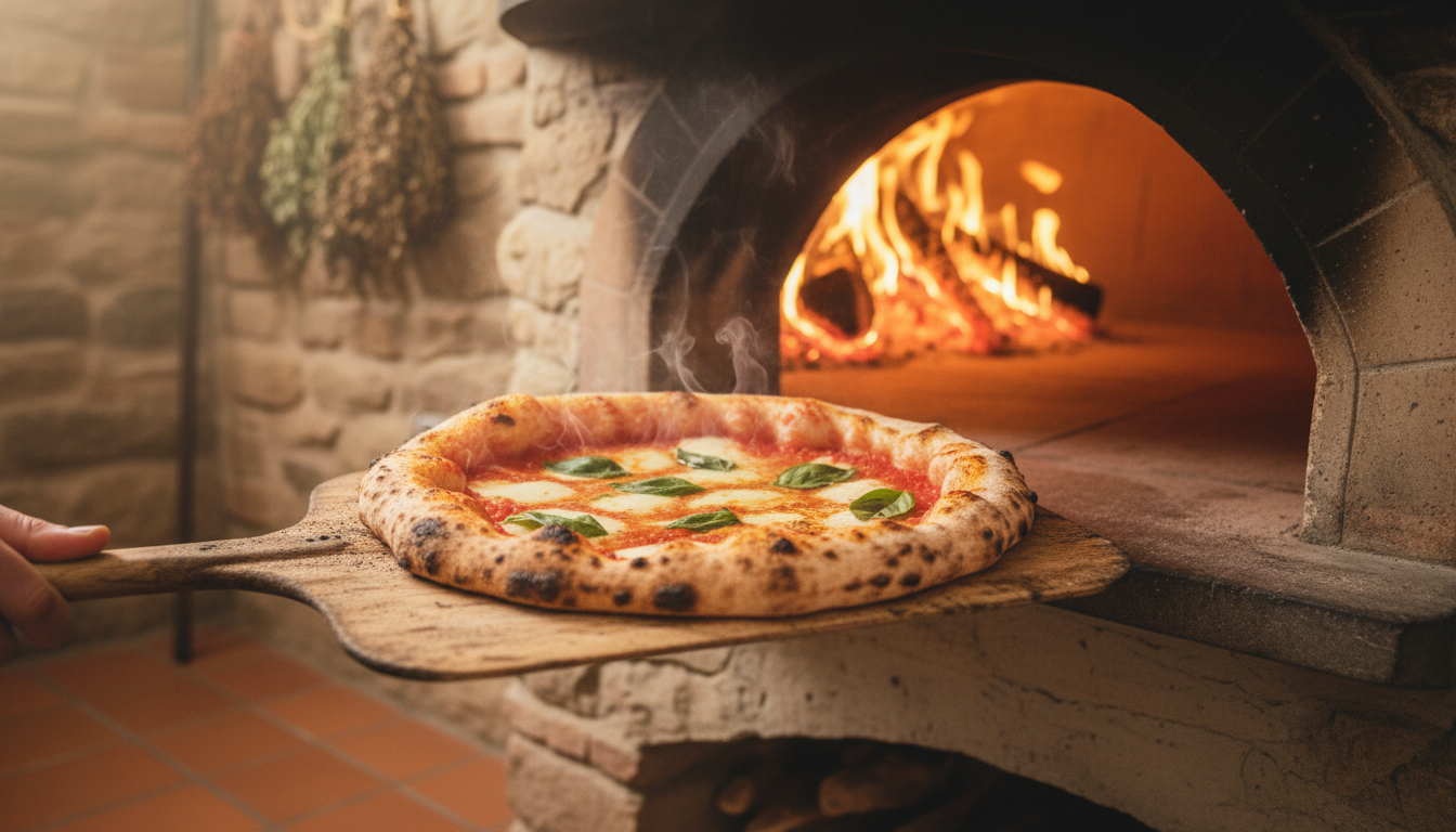 Artisan Neapolitan pizza being pulled from a glowing wood-fired oven
