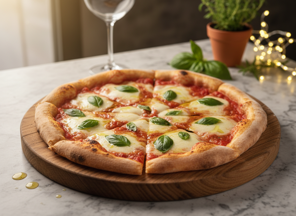 Sliced Neapolitan pizza Margherita on a wooden board with fresh basil and mozzarella