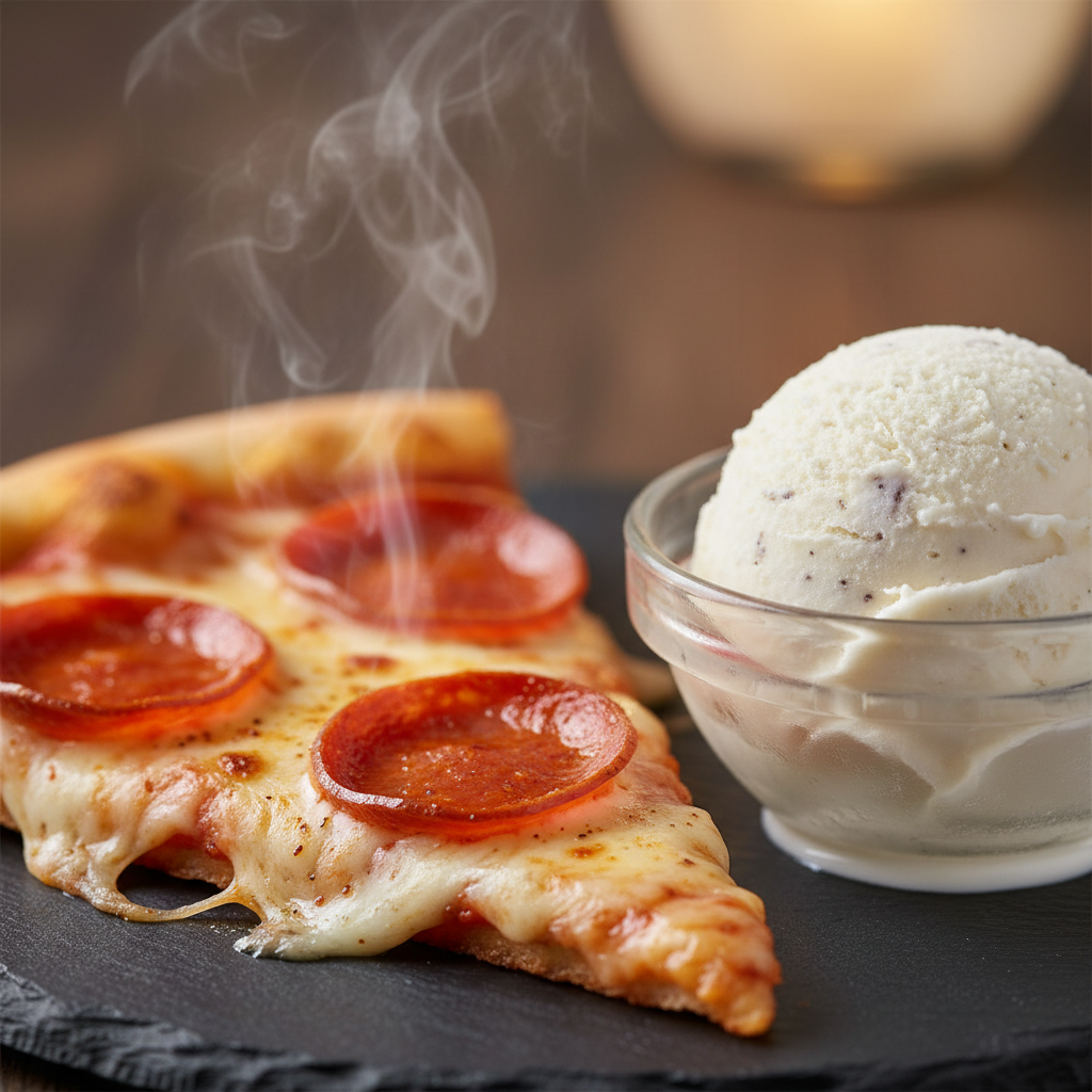 Close-up of pizza and ice cream