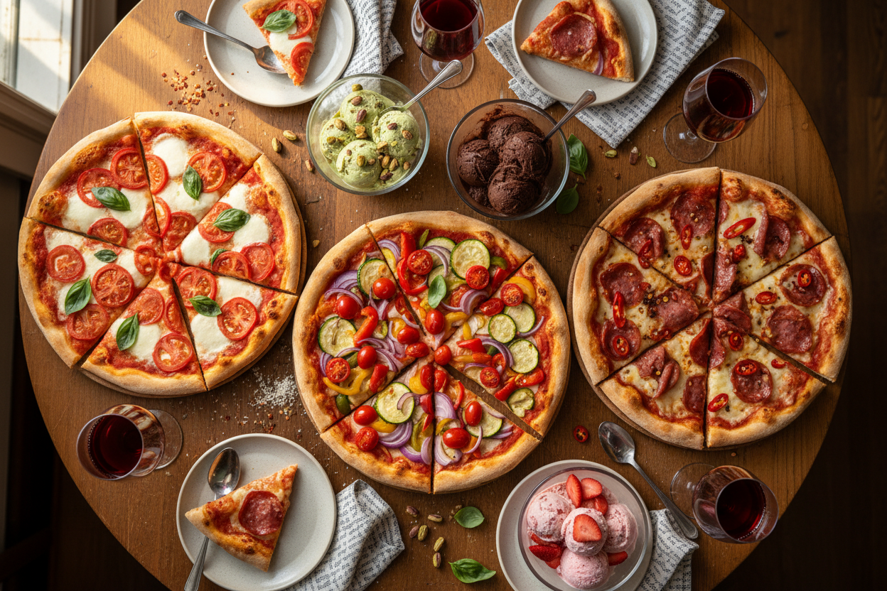 Table spread with various pizzas and ice creams
