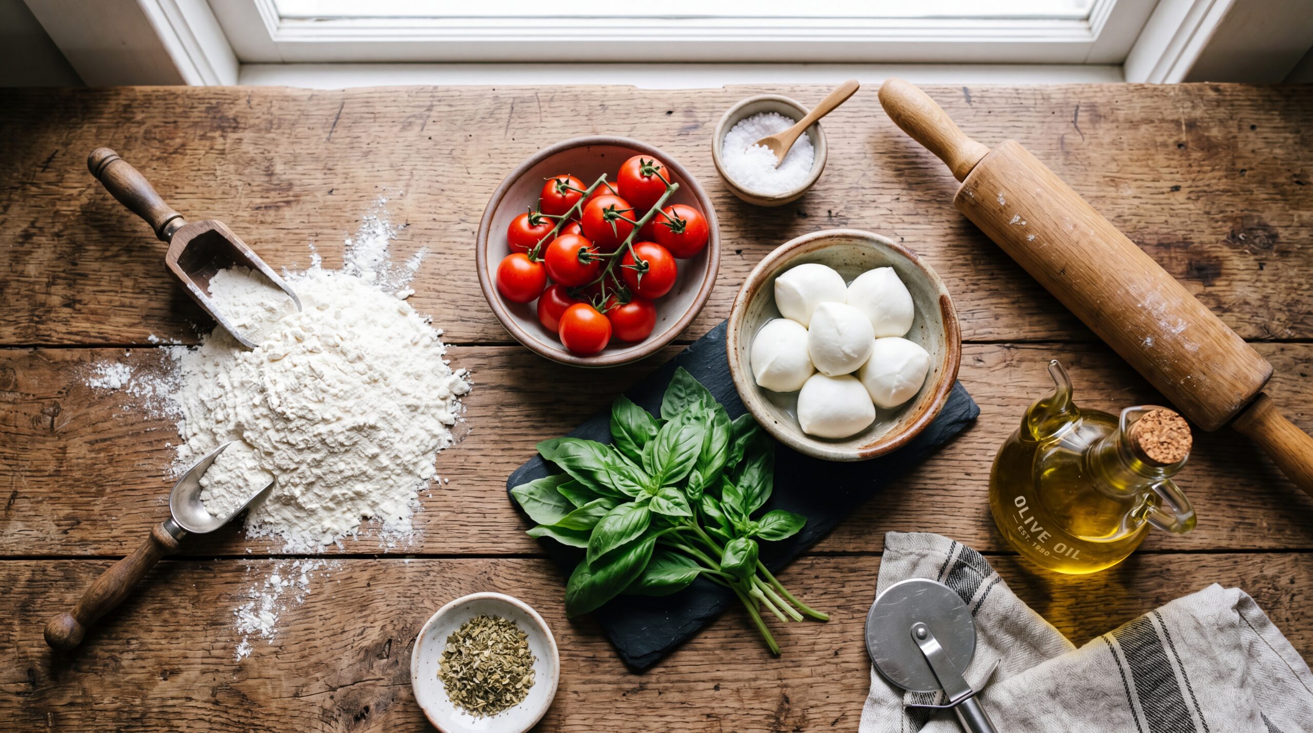 Fresh pizza ingredients: tomatoes, mozzarella, basil, and olive oil