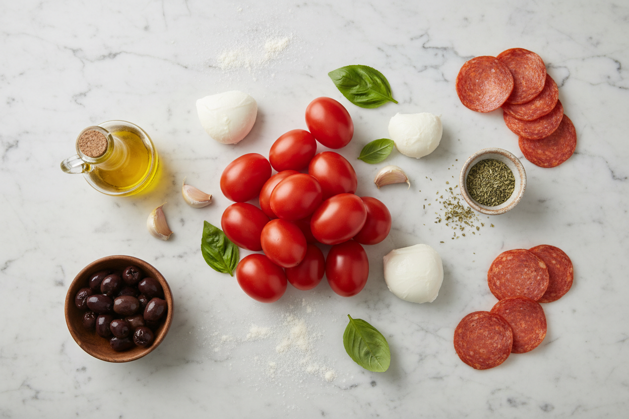 Fresh pizza ingredients flat lay including tomatoes, mozzarella, basil and olive oil