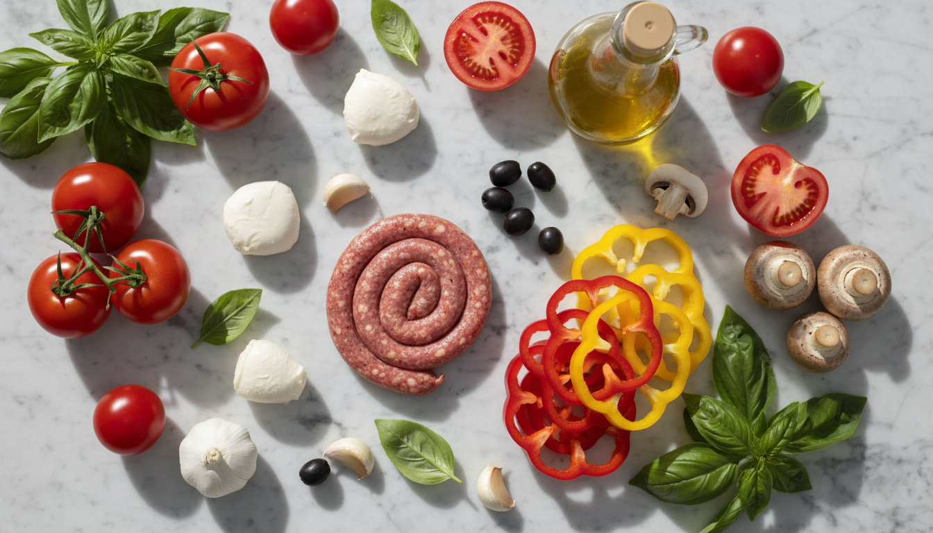 Beautiful flat lay of fresh pizza ingredients including tomatoes, mozzarella, basil, and vegetables on marble