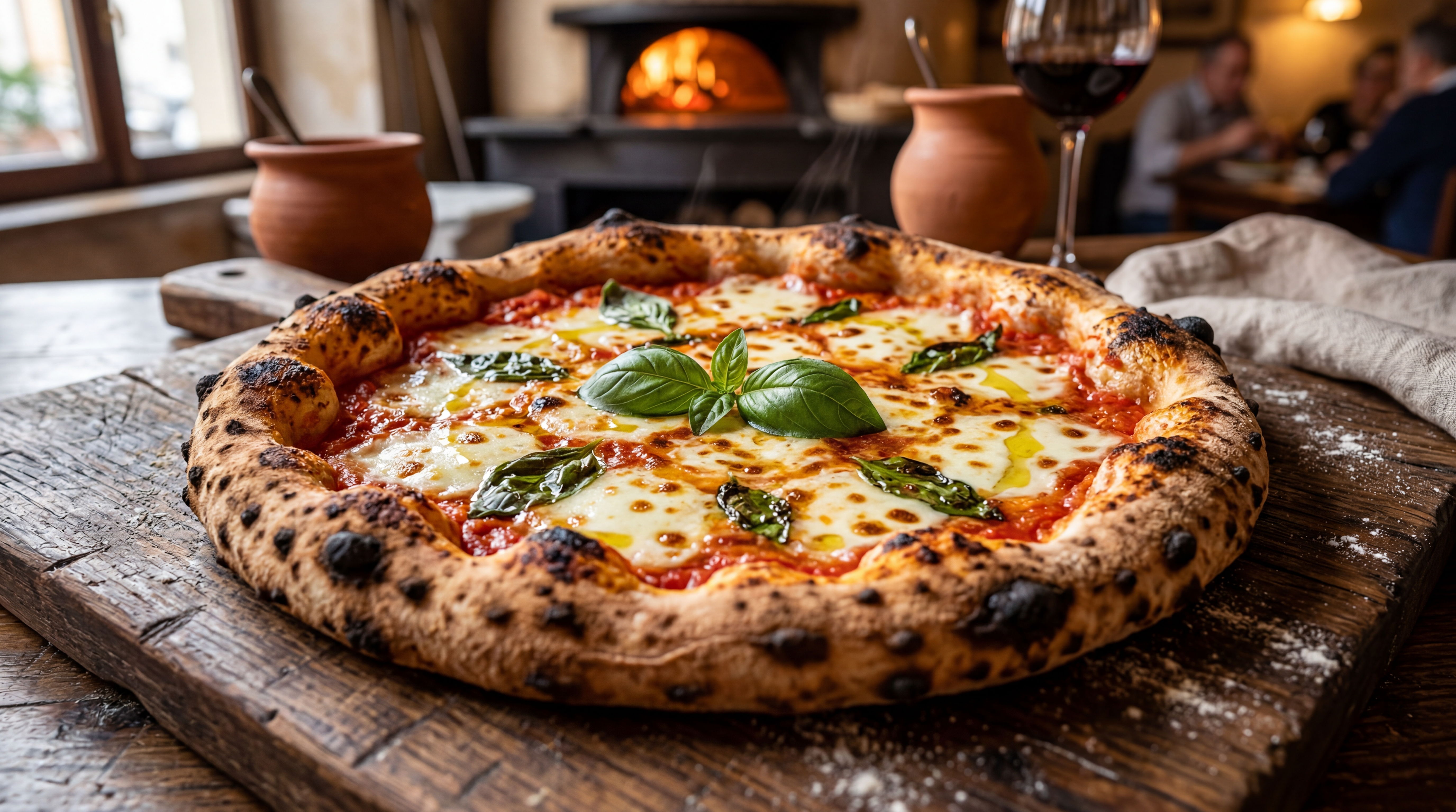 Classic Neapolitan Margherita pizza on a rustic wooden board