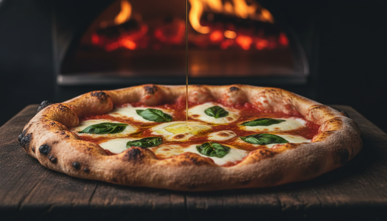 Freshly baked Neapolitan pizza Margherita with charred crust from a wood-fired oven