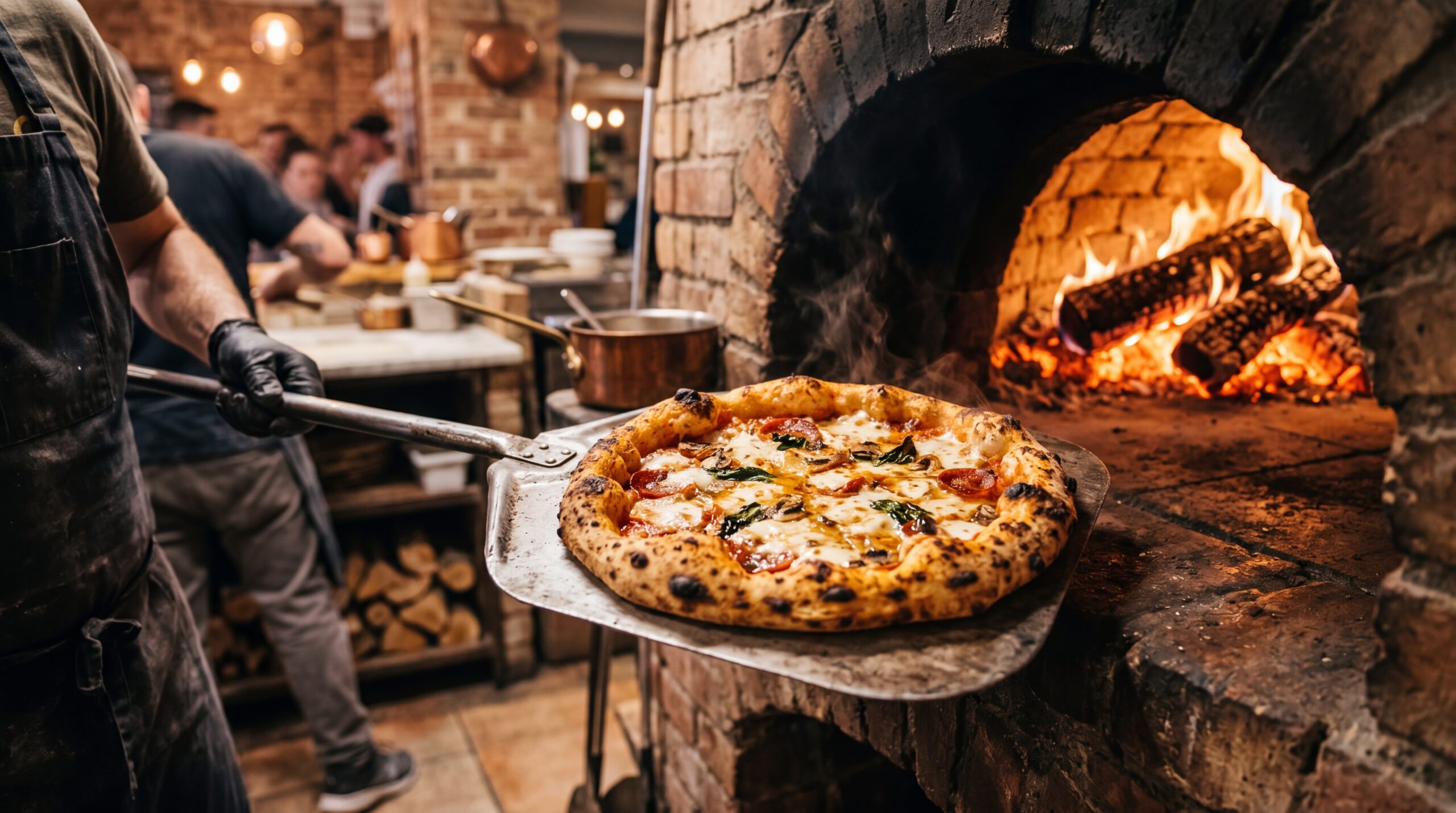 Hot pizza coming out of traditional wood-fired oven