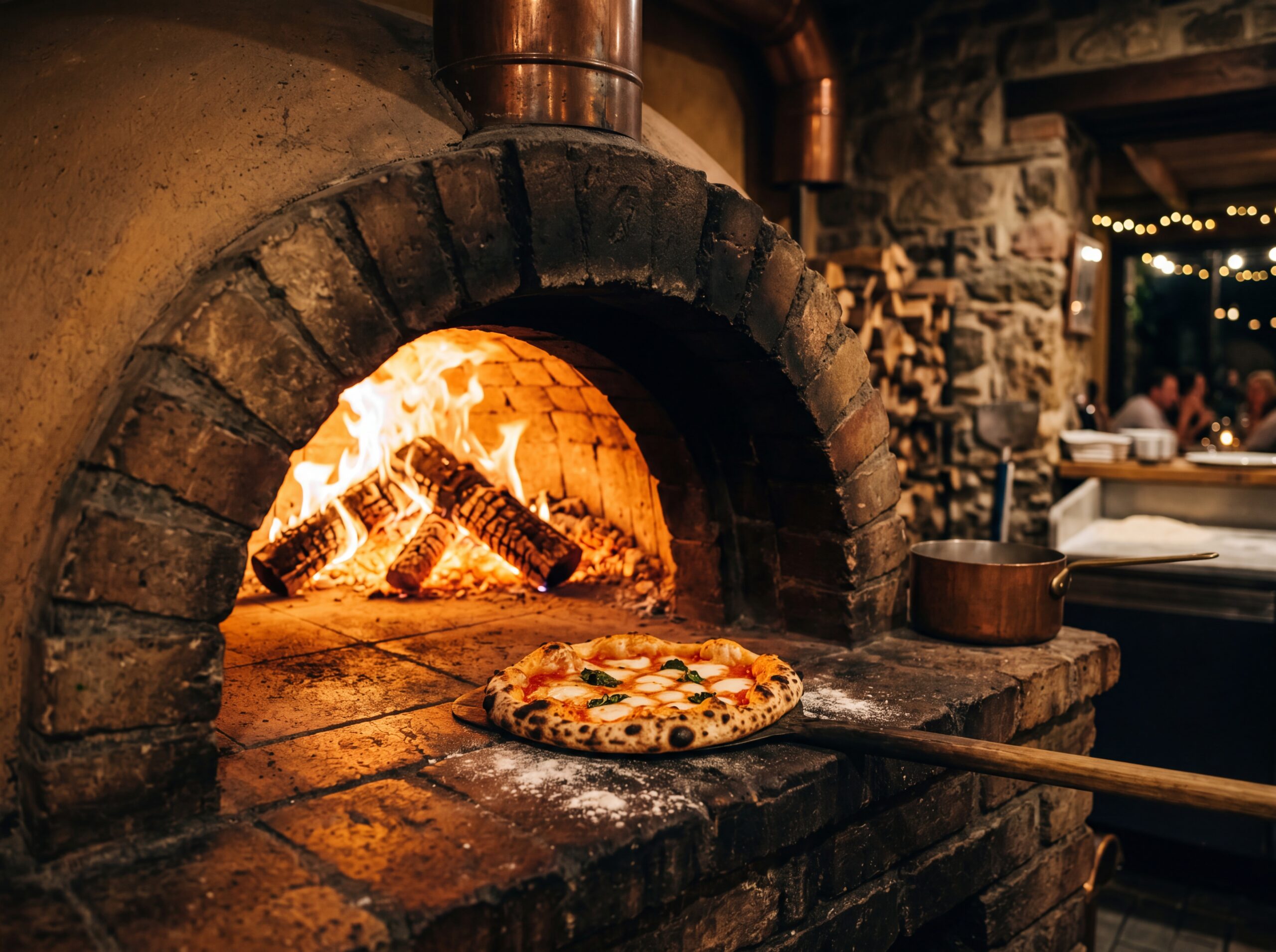 Traditional pizza oven with a wood fire and a pizza baking on the stone