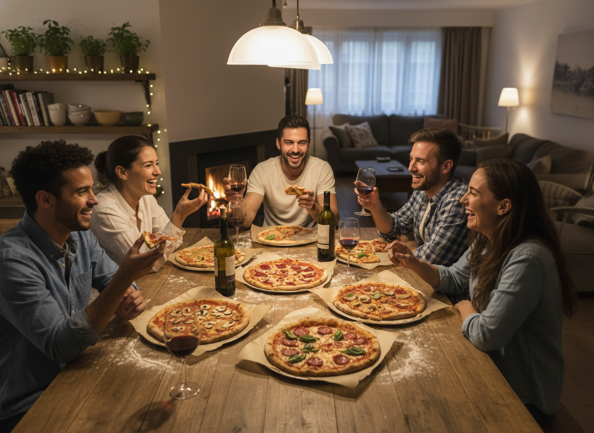 A modern gourmet pizza topped with prosciutto, arugula, balsamic glaze, and edible flowers