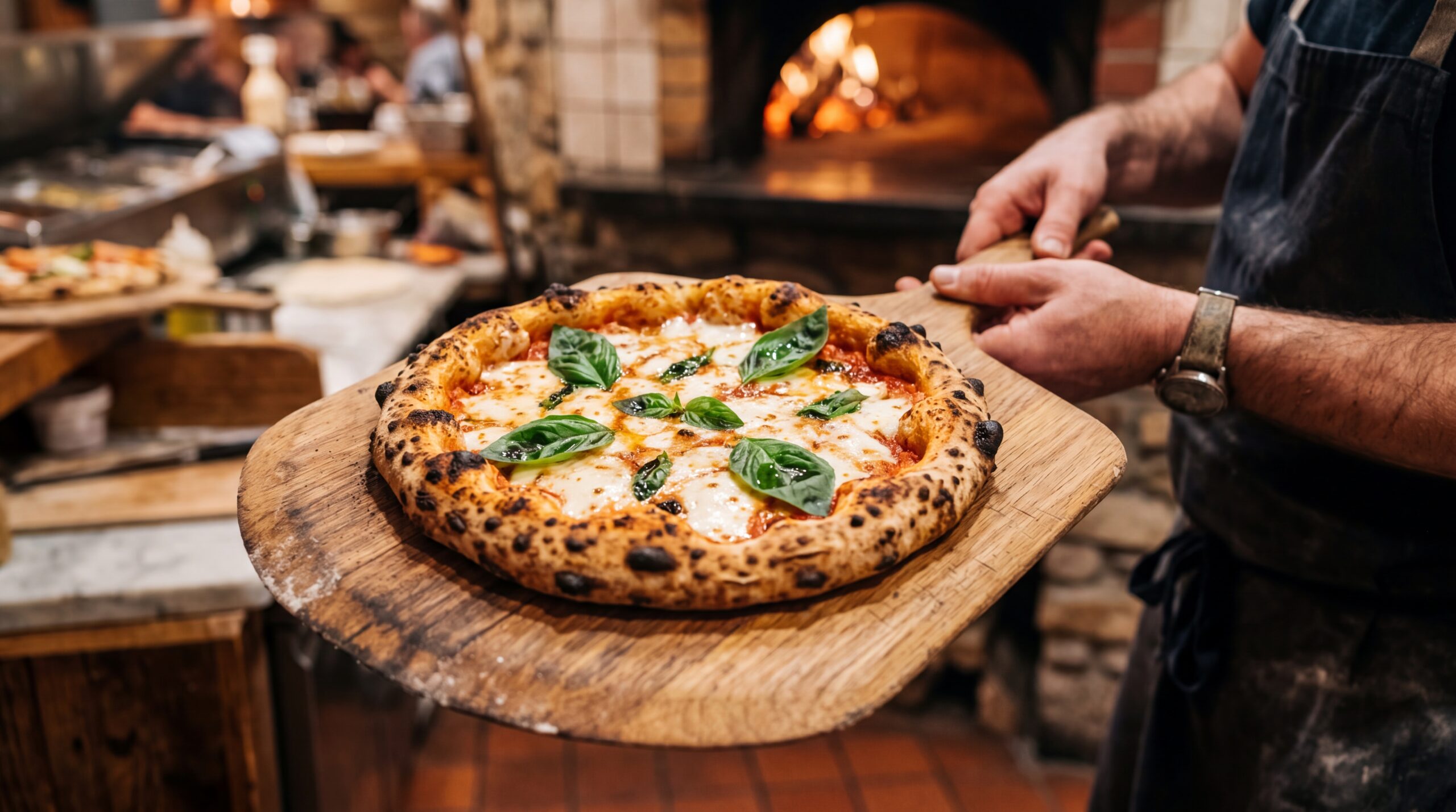 Freshly baked Margherita pizza on a wooden pizza peel