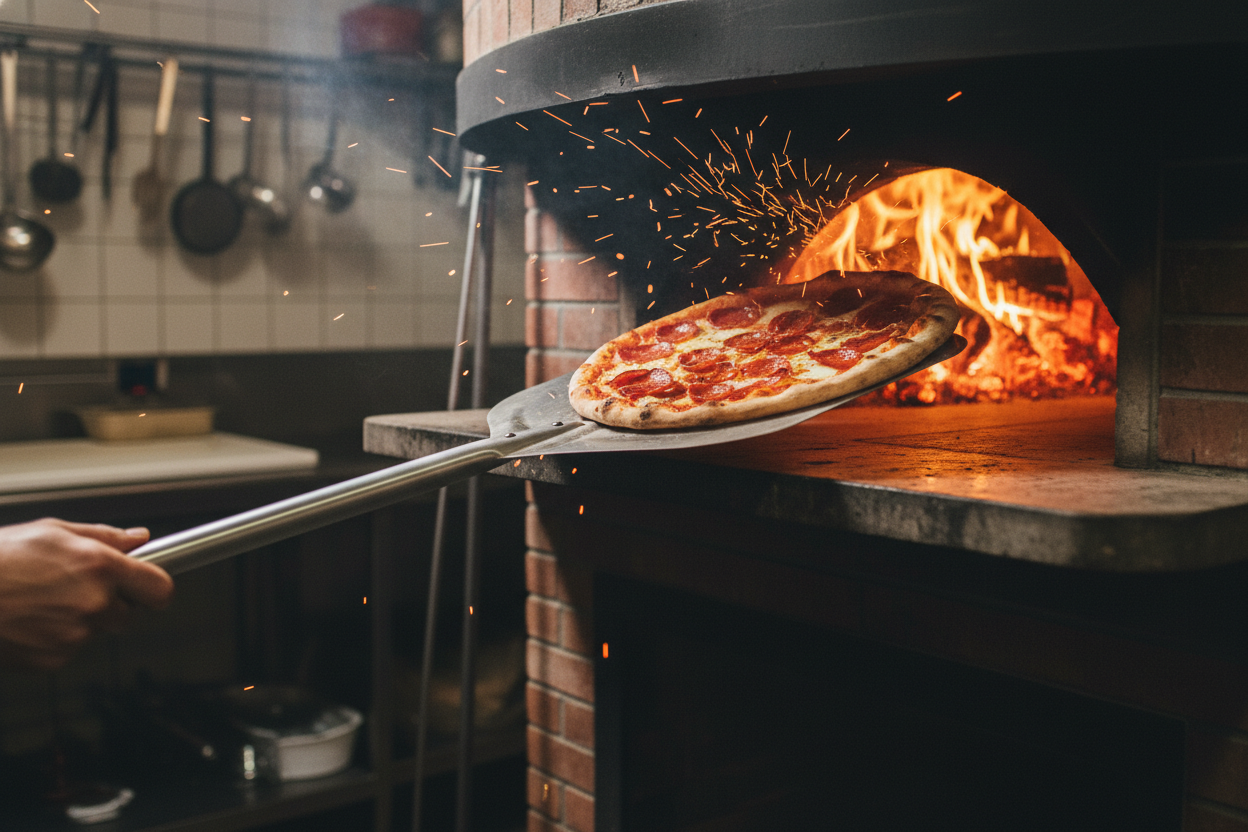 A metal peel launching a pizza into a hot wood-fired oven
