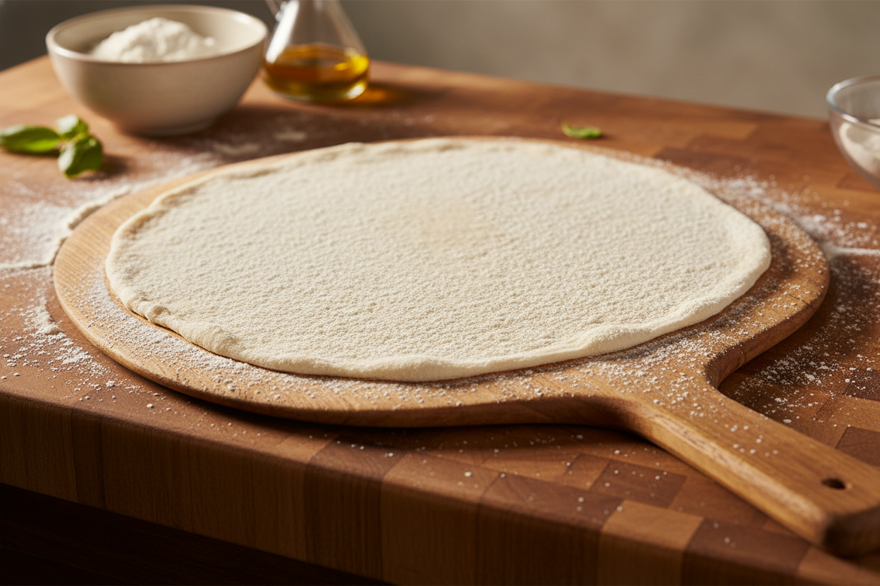 A rustic wooden pizza peel with freshly stretched dough