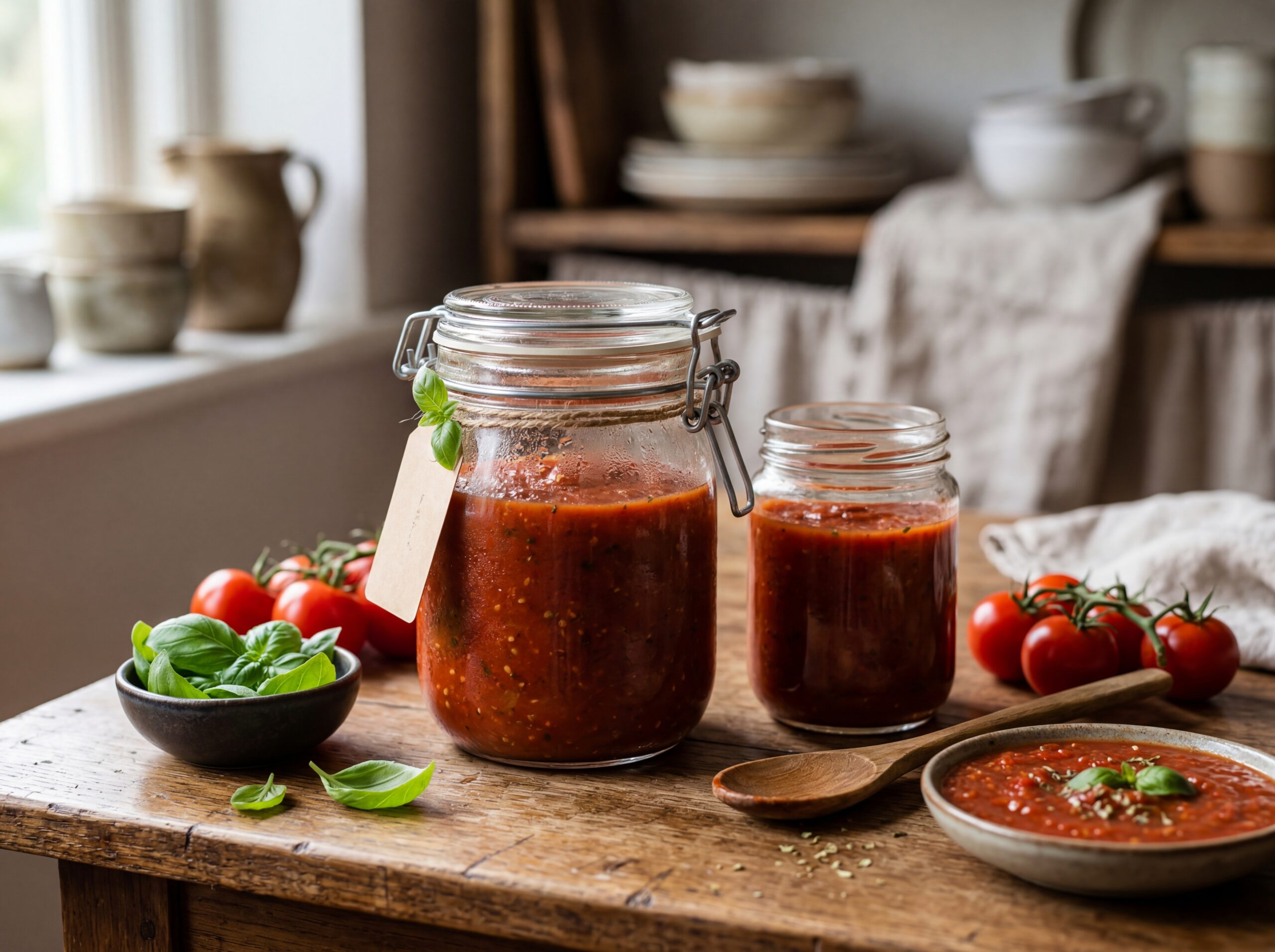 Homemade pizza sauce in glass jars