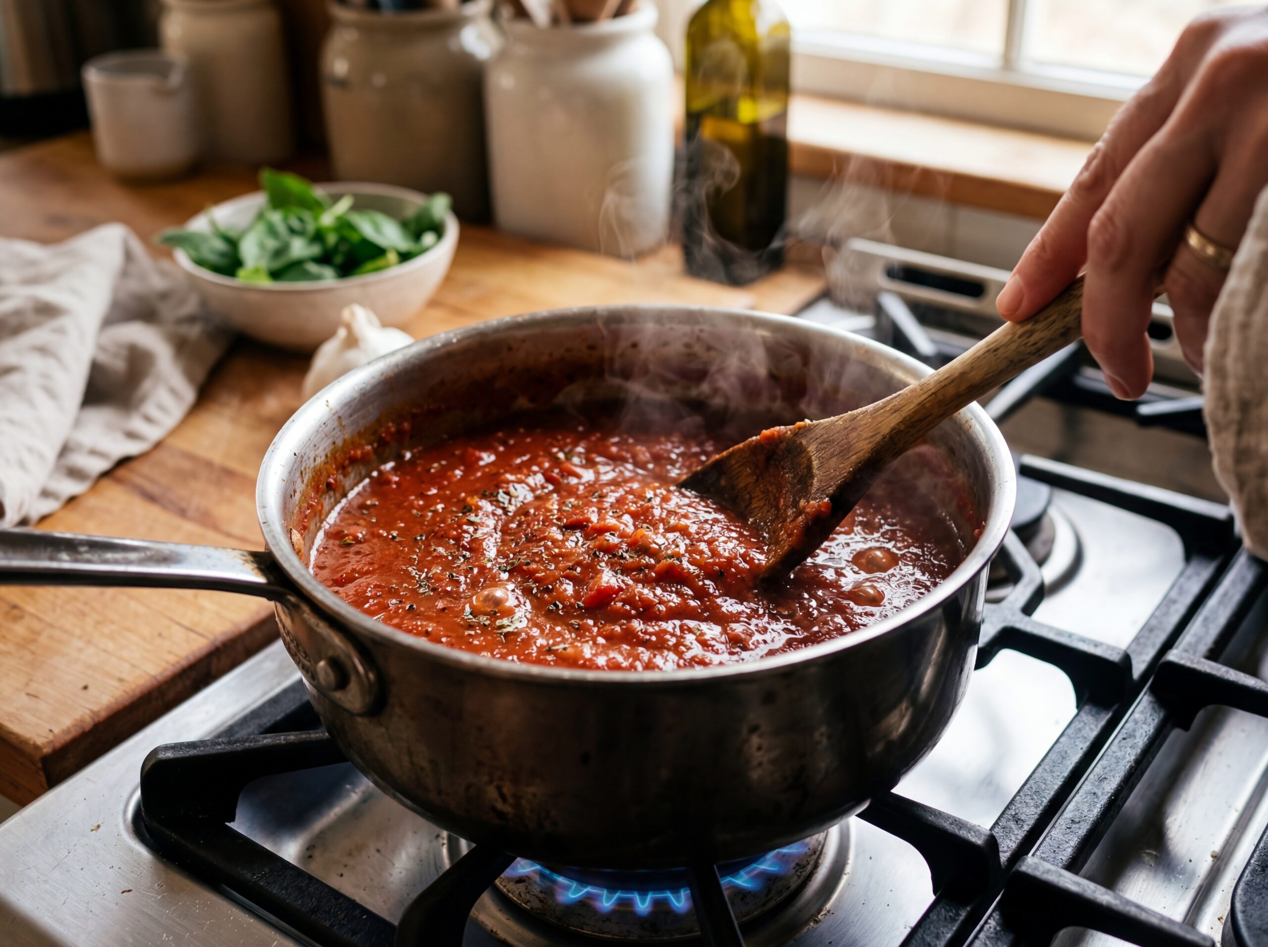 Homemade pizza sauce simmering in a saucepan