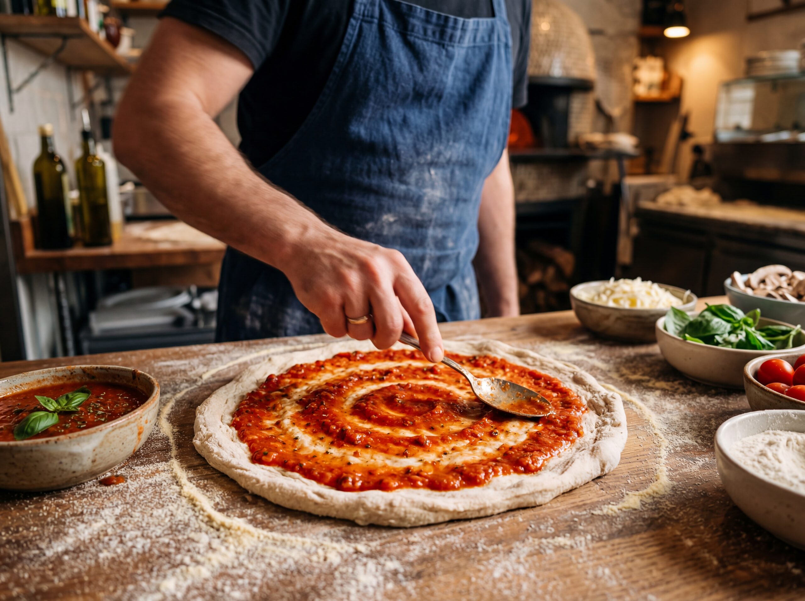 Spreading pizza sauce over fresh dough