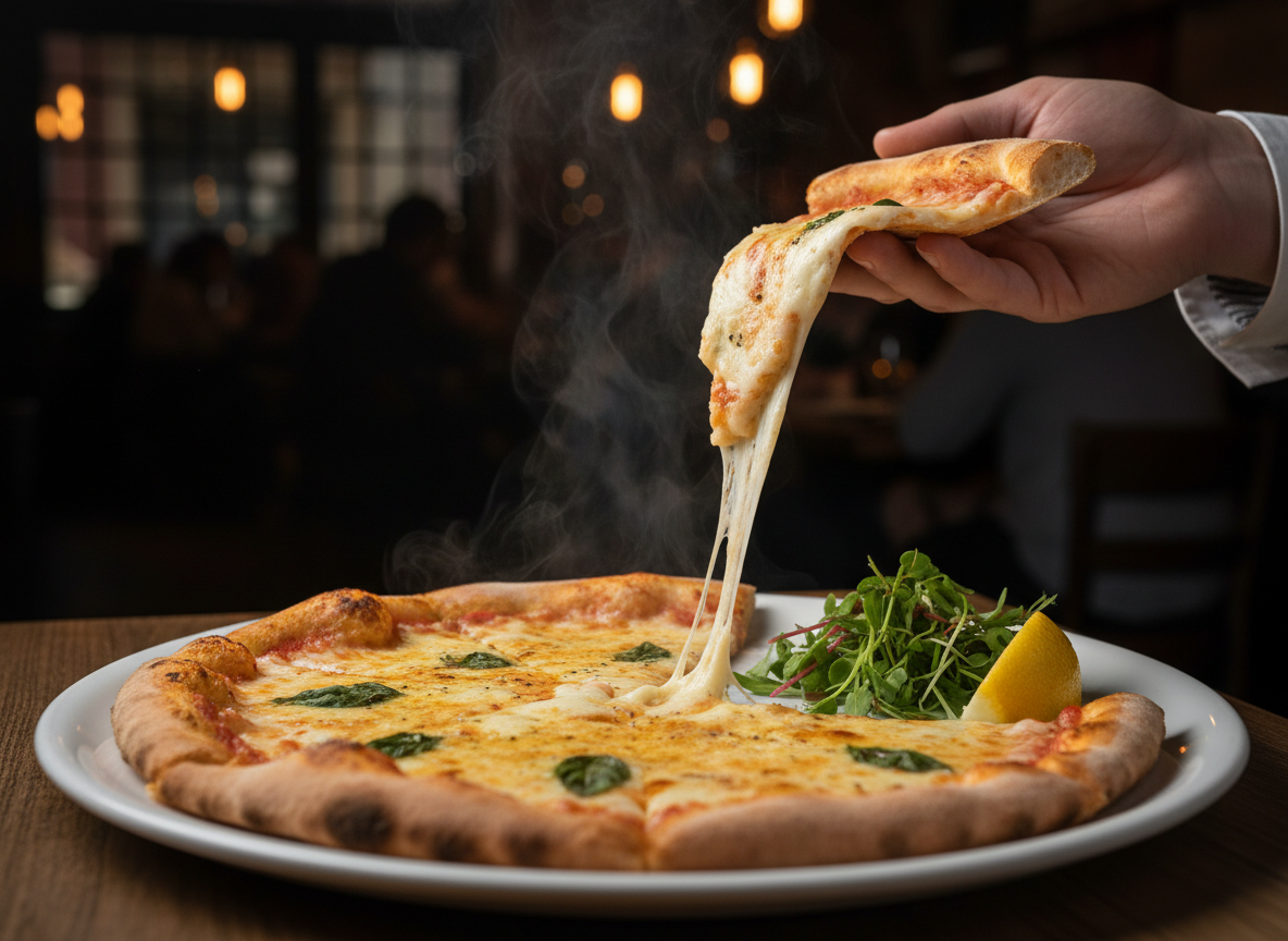 A close-up of a pizza slice being lifted, showing a perfect cheese pull.