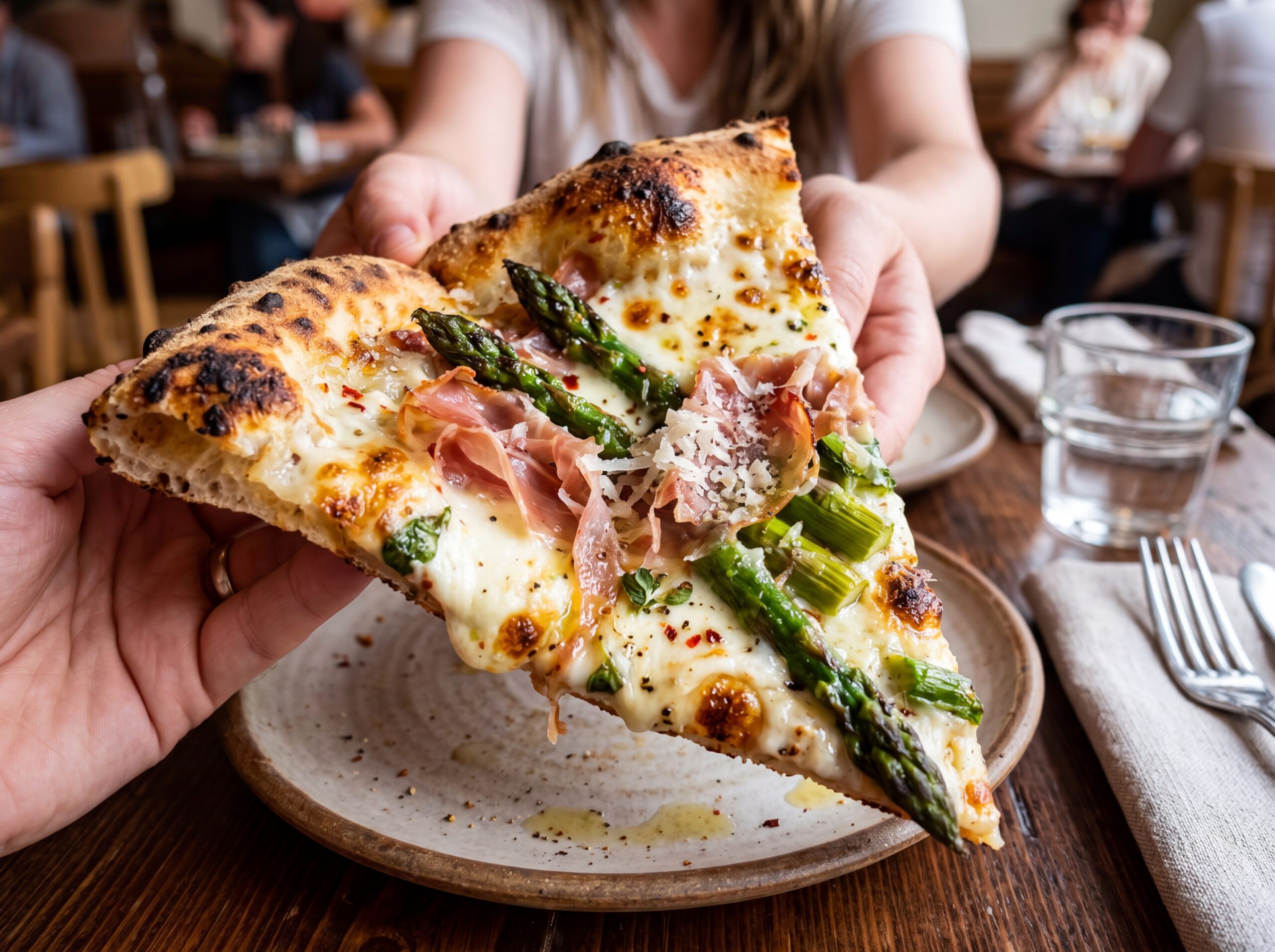 Spring pizza topped with asparagus and prosciutto