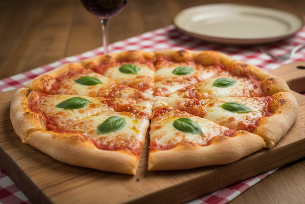 A perfectly baked homemade pizza sliced on a rustic wooden cutting board