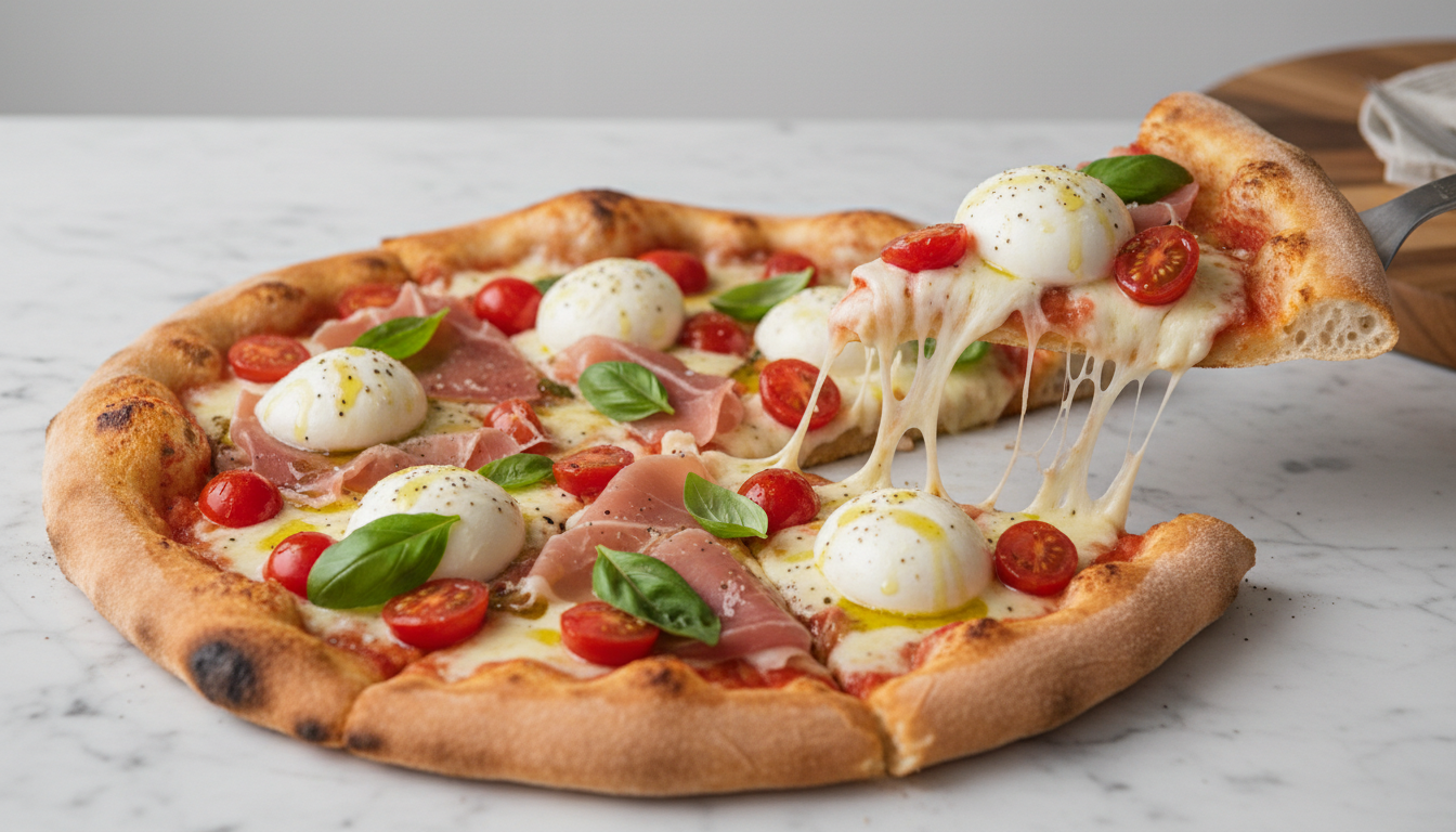 Perfectly sliced gourmet pizza with fresh basil on marble surface